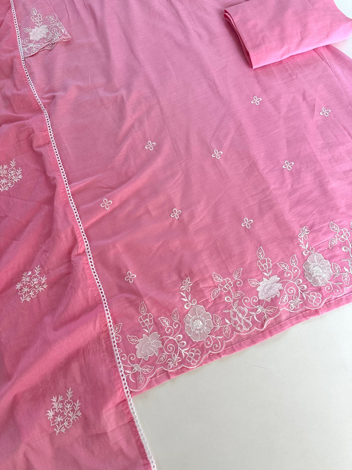 K089 - Mulmul cotton embroidered Anarkali with pants and dupatta in 2 colours