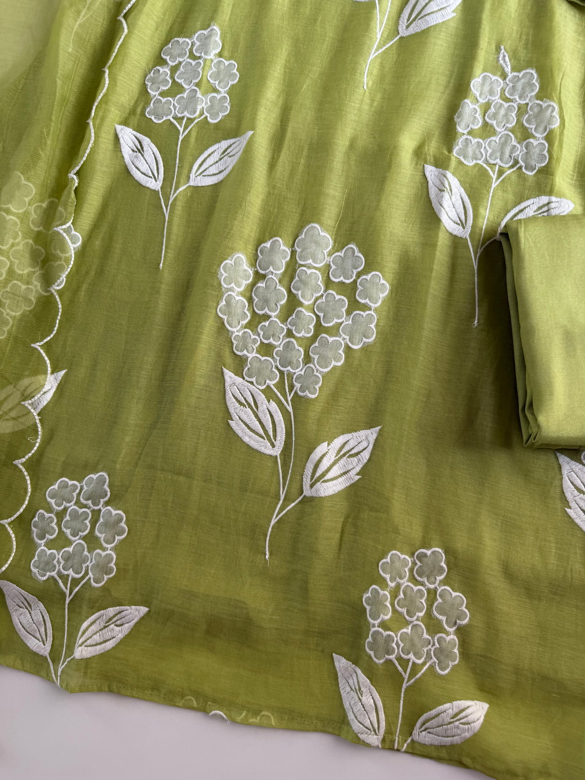K537 - Mul chanderi appliqué work aline Kurti with pants and dupatta in 2 colours