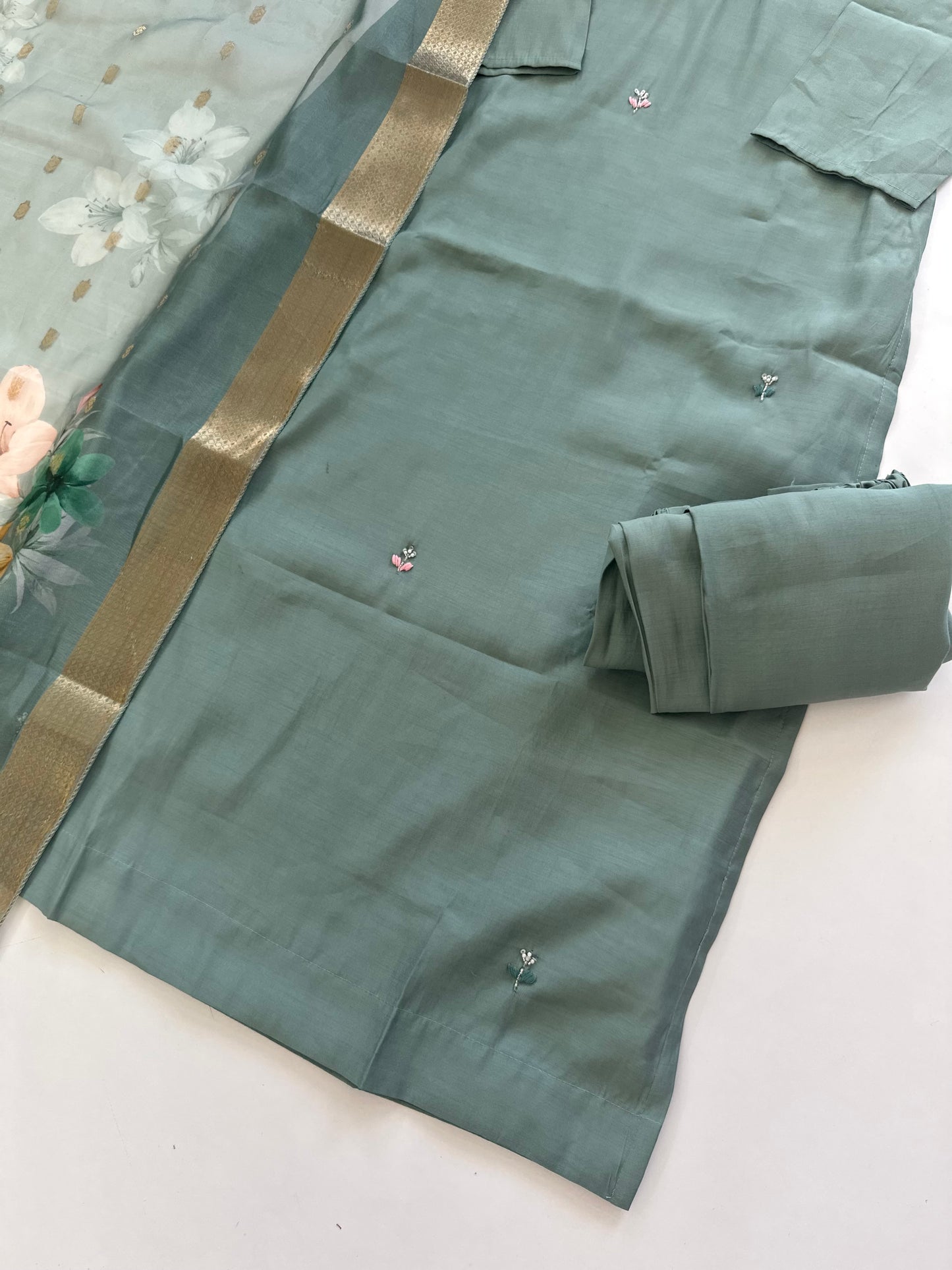 K217 - Modal silk Handwork straight kurti with pants and dupatta in 2 colours .