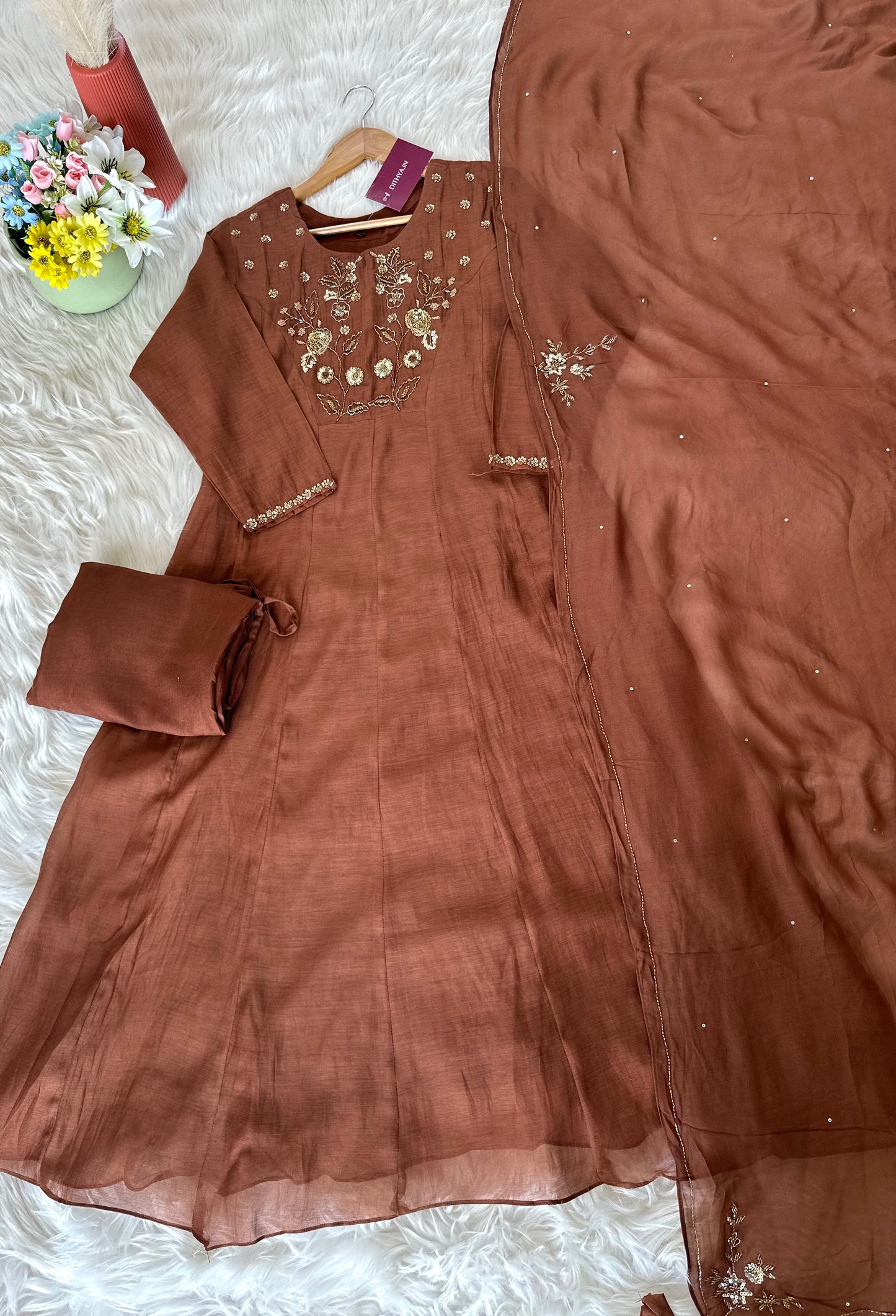 K223 - Mul Chanderi hand work Aline Kurti with pants and dupatta