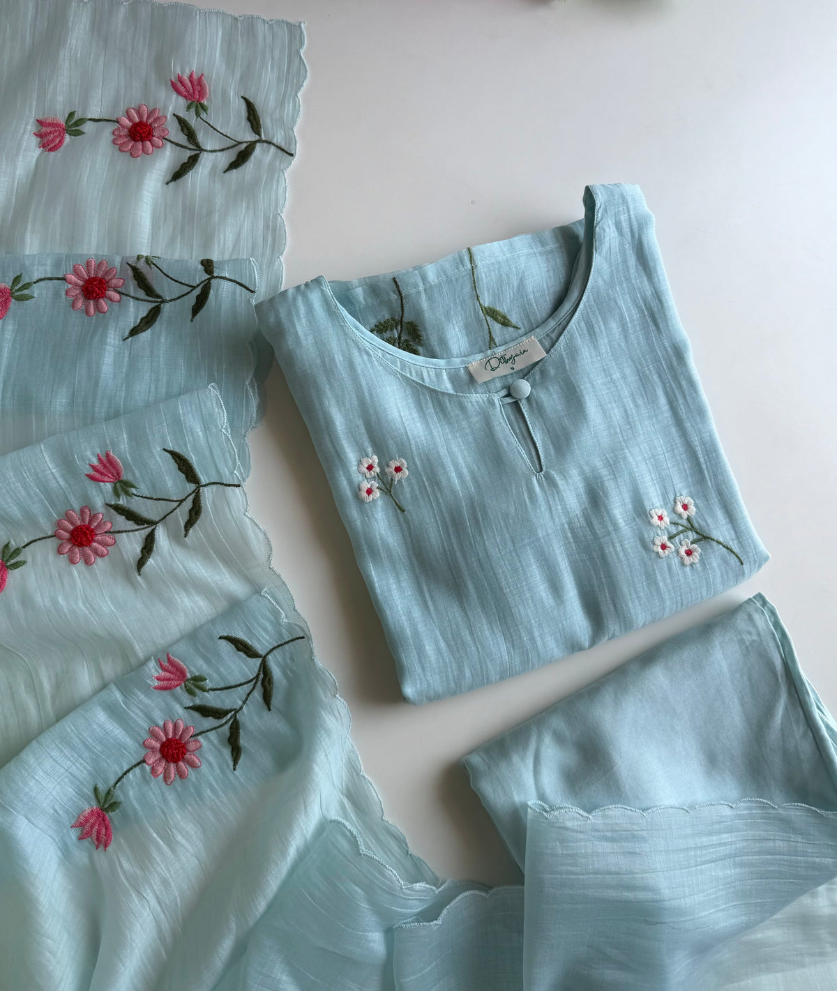 K362 - Mul Chanderi embroidered straight Kurti with pants and dupatta