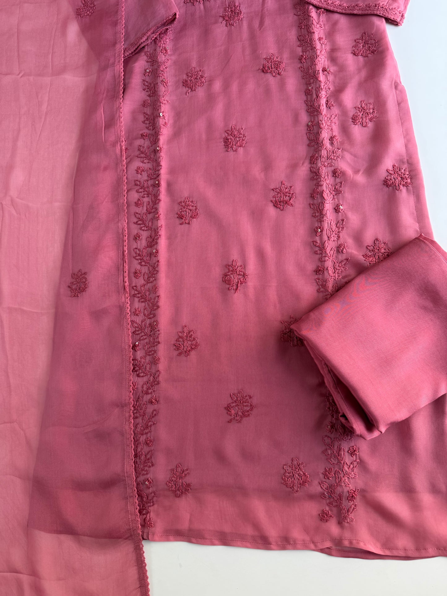 K654 - Viscose organza embroidered straight Kurti with pants and dupatta