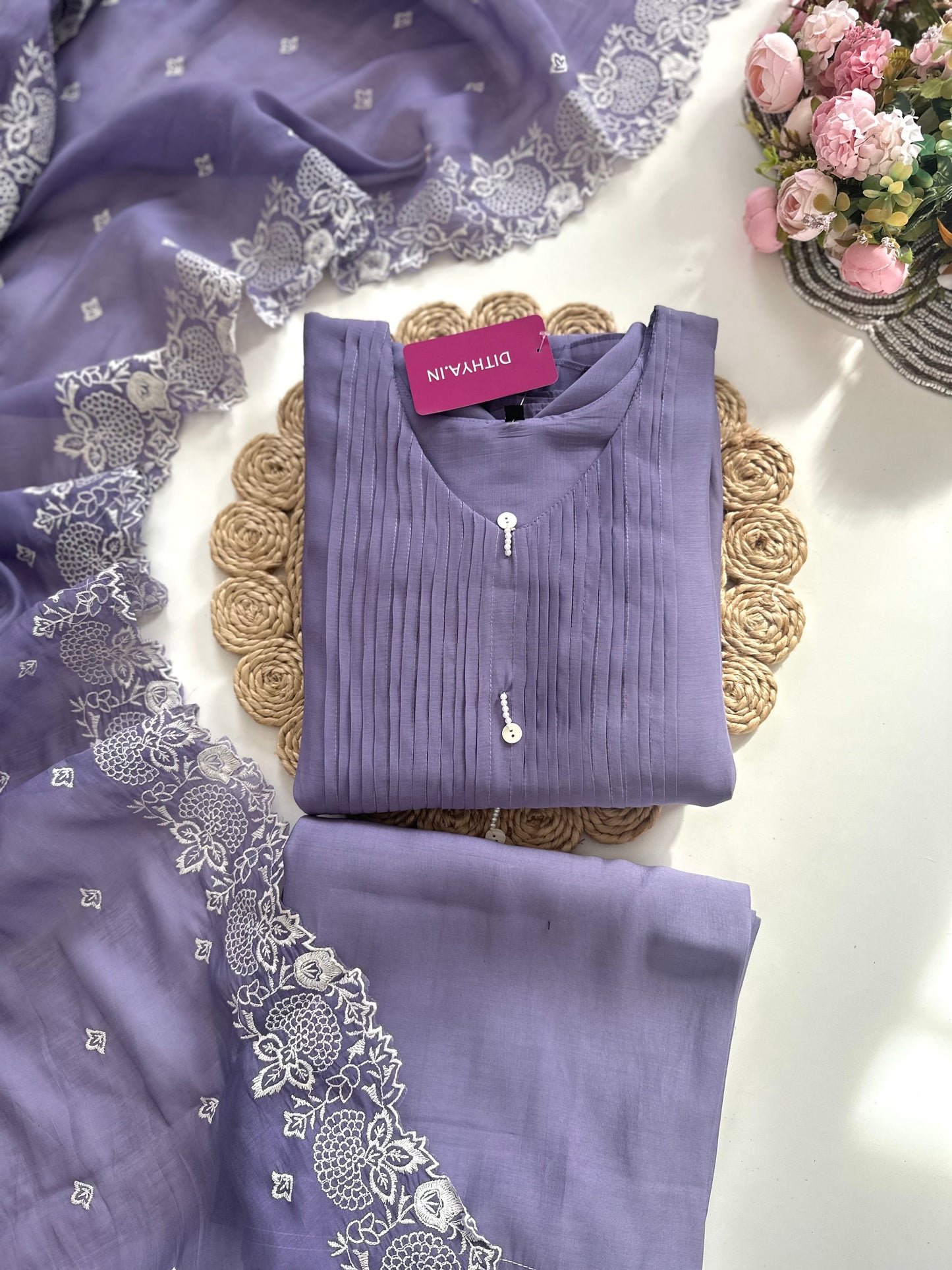 K319 - Muslin silk embroidered Aline Kurti with pants and dupatta in 2 colours