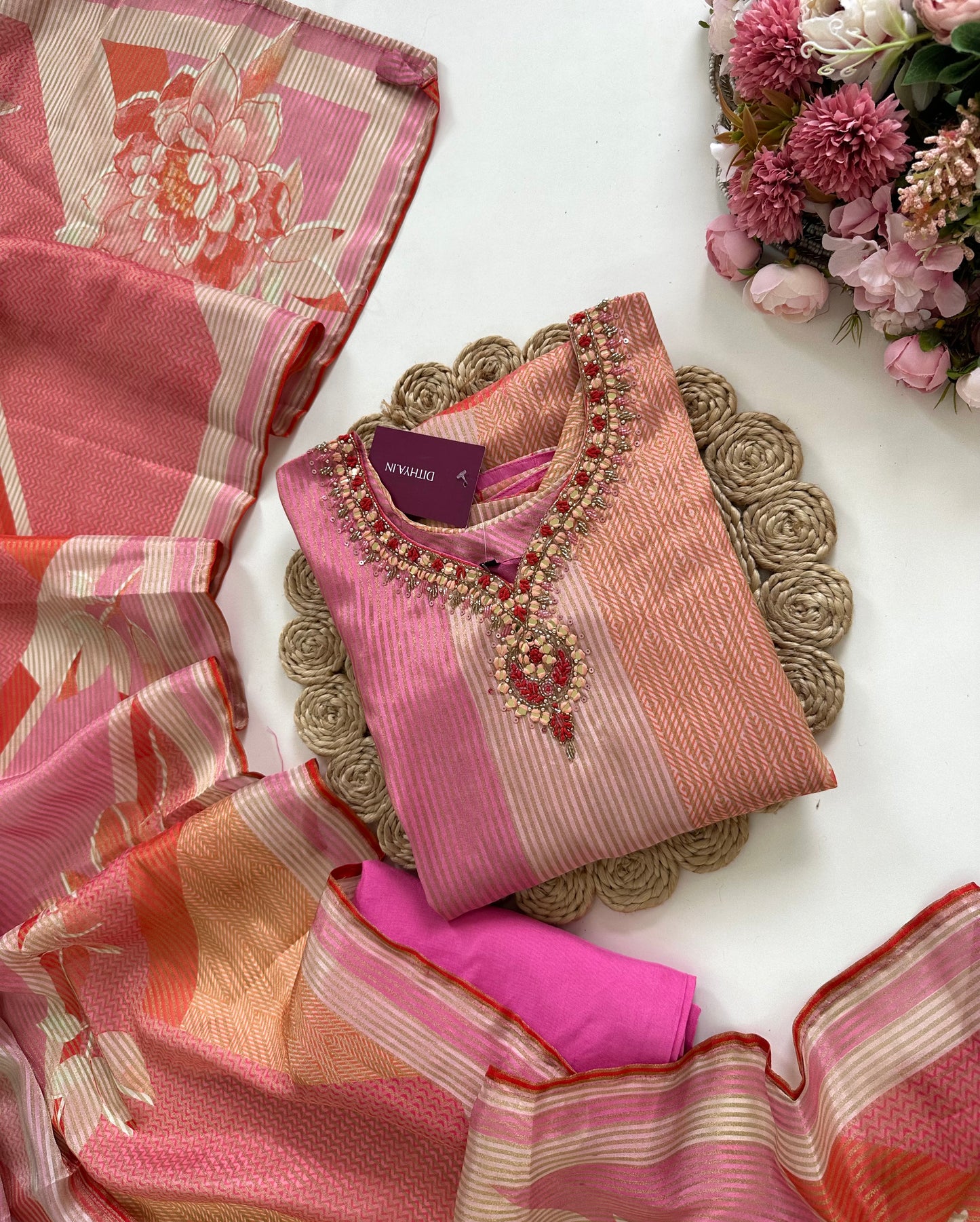 K221 - Tissue silk self weaving handwork straight Kurti with pants and dupatta in 2 prints