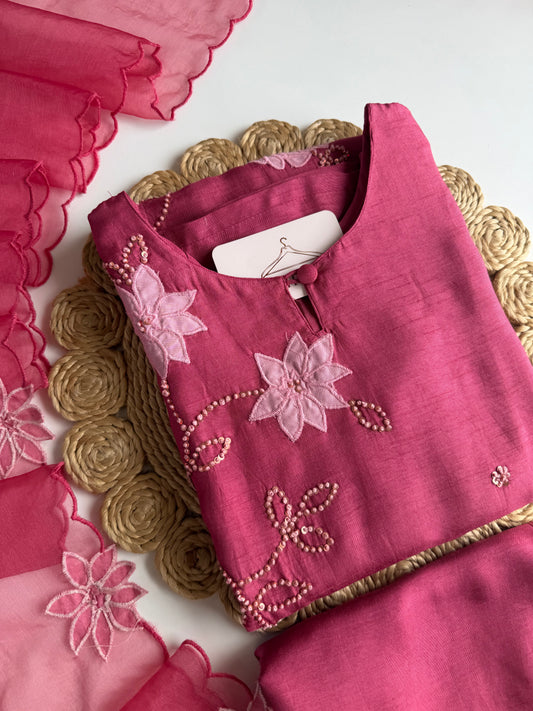 K119 - Russian silk appliqué handwork straight Kurti with pants and dupatta