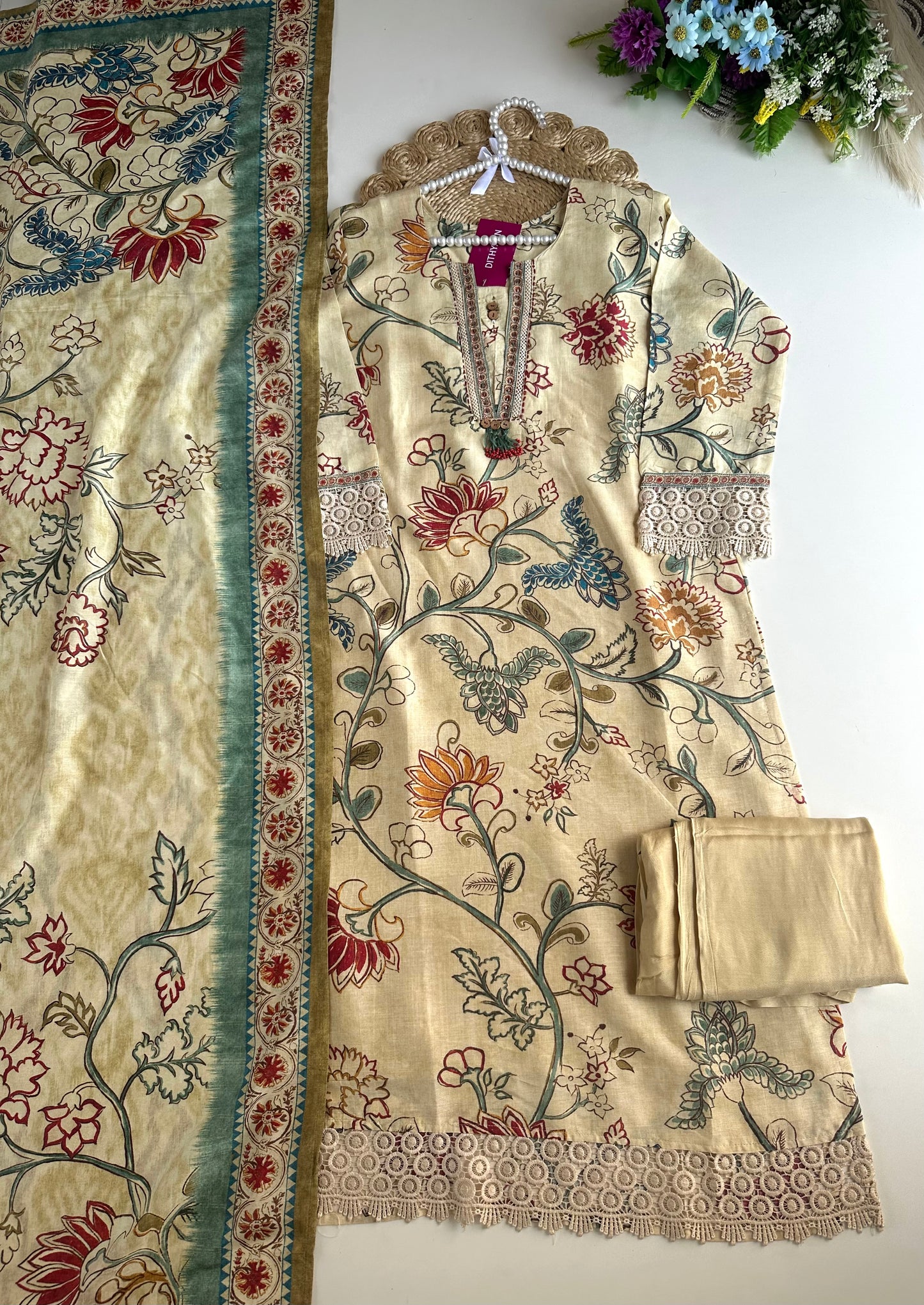 K022 - Muslin printed embroidered straight Kurti with pants and dupatta