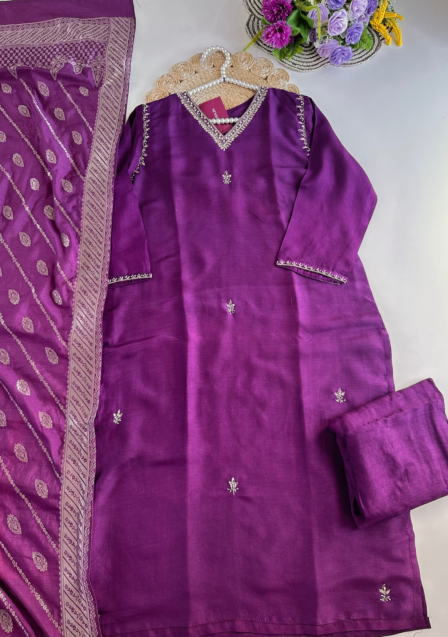 D027 -Dola silk straight kurti with pants and dupatta
