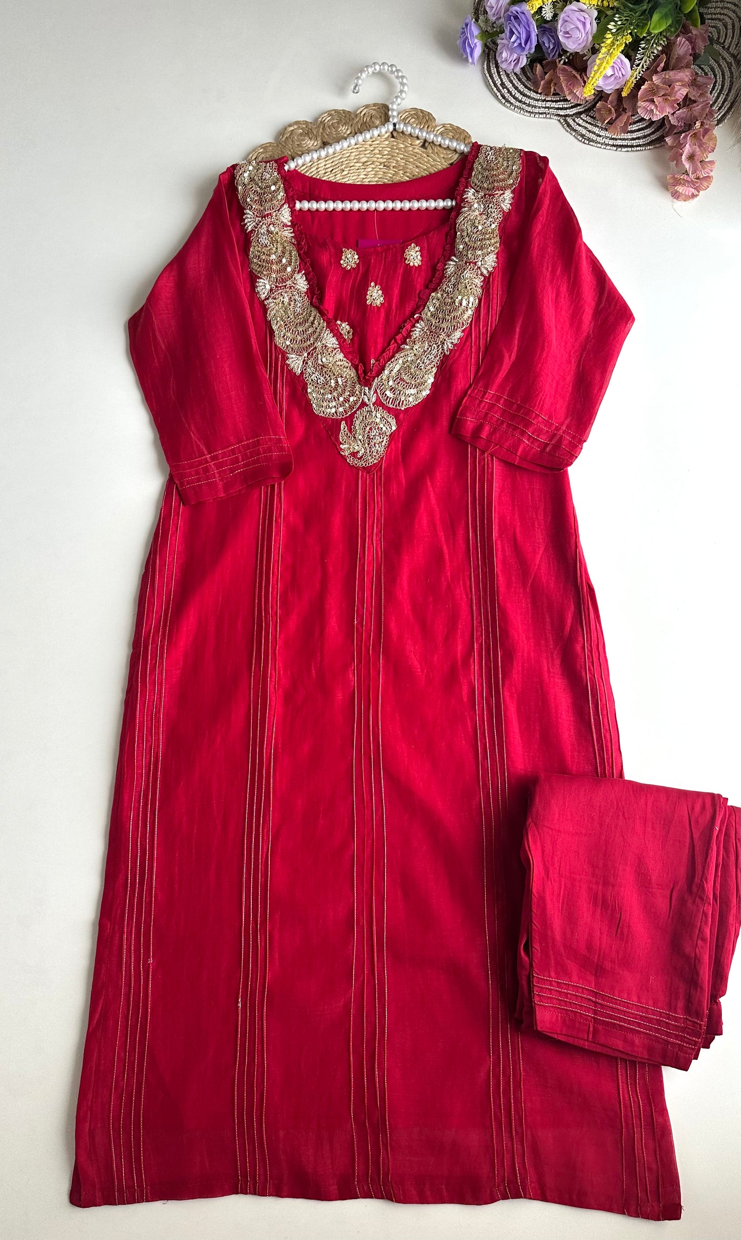K451 - Mul Chanderi handwork Straight Kurti with inner and pants
