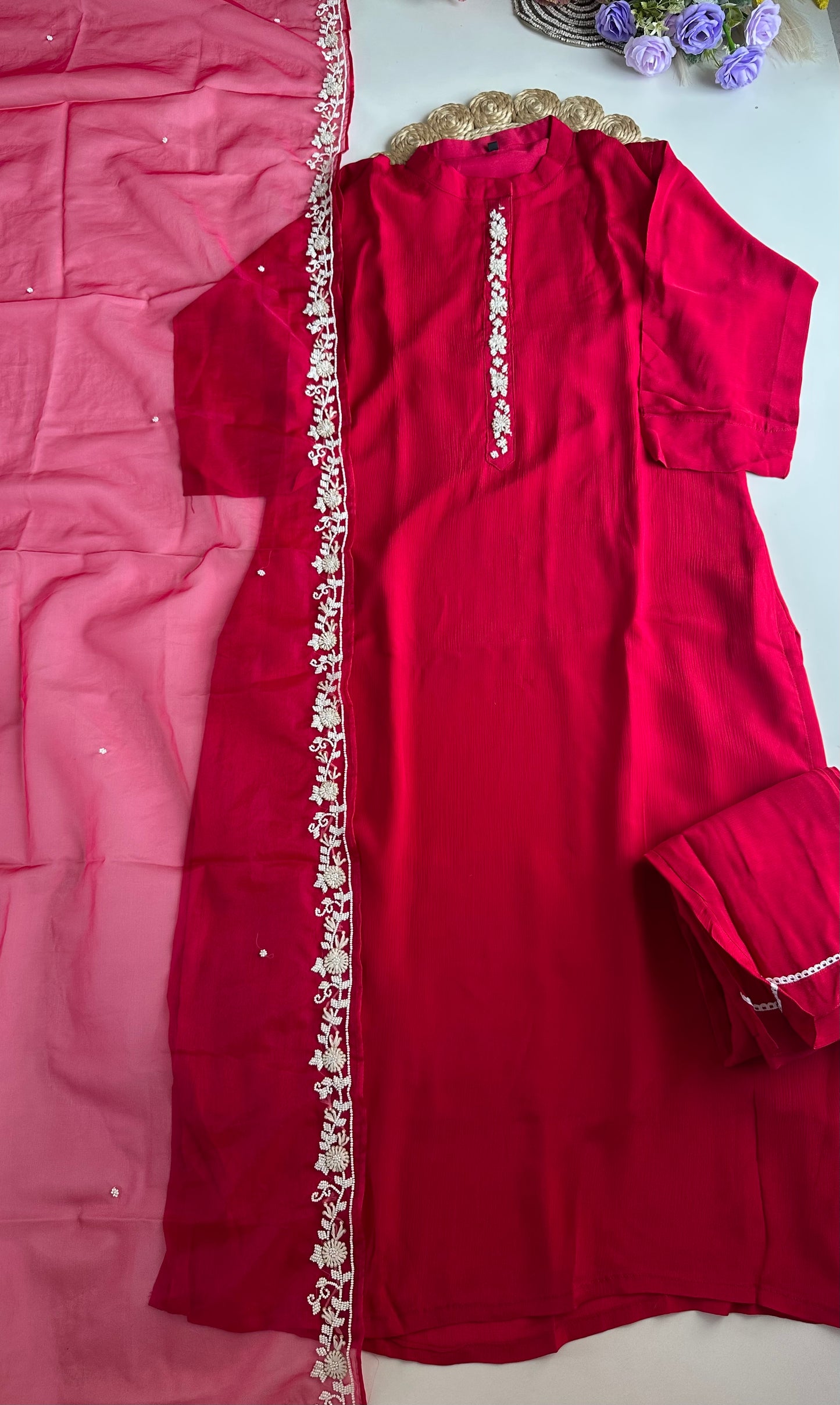 D268 - Chinnon silk straight kurti with pants and dupatta