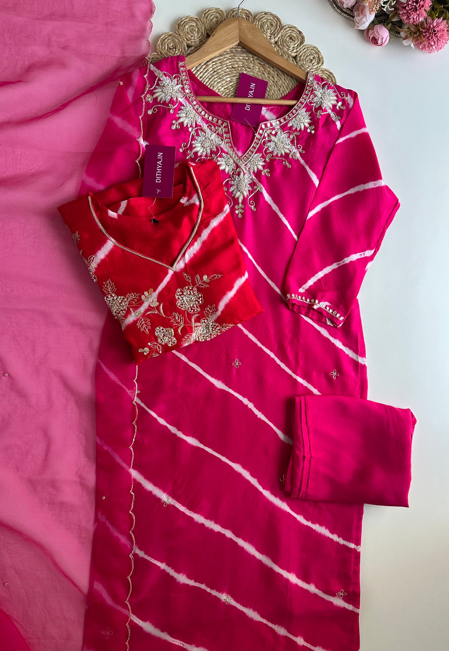 K016 - Russian silk leheriya handwork Straight Kurti with pants and dupatta in 2 styles