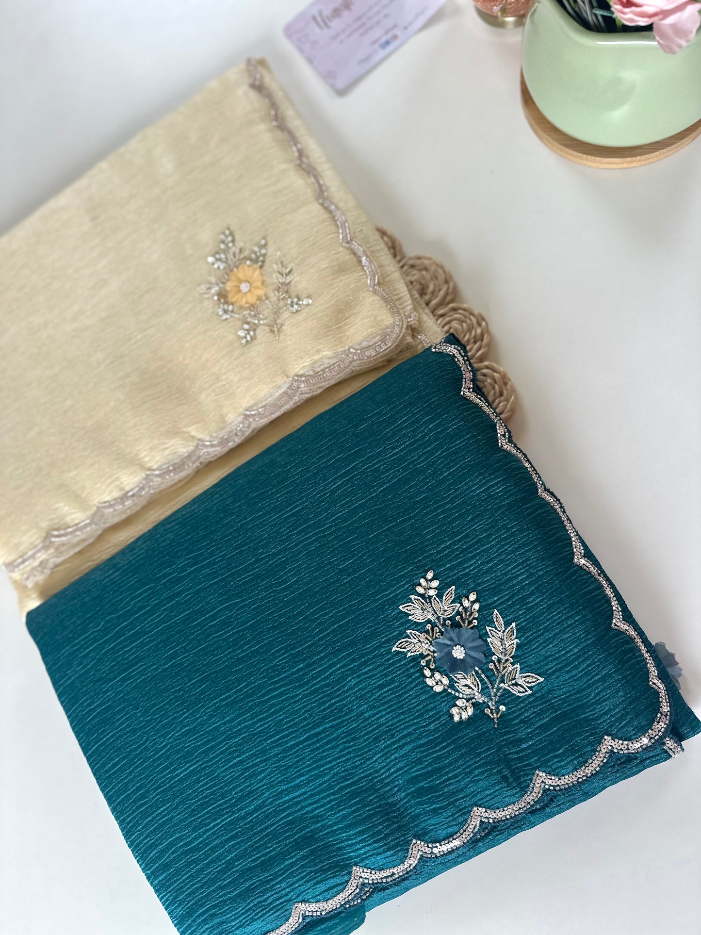 S001 - Crushed Tissue Handwork saree in 2 colours.