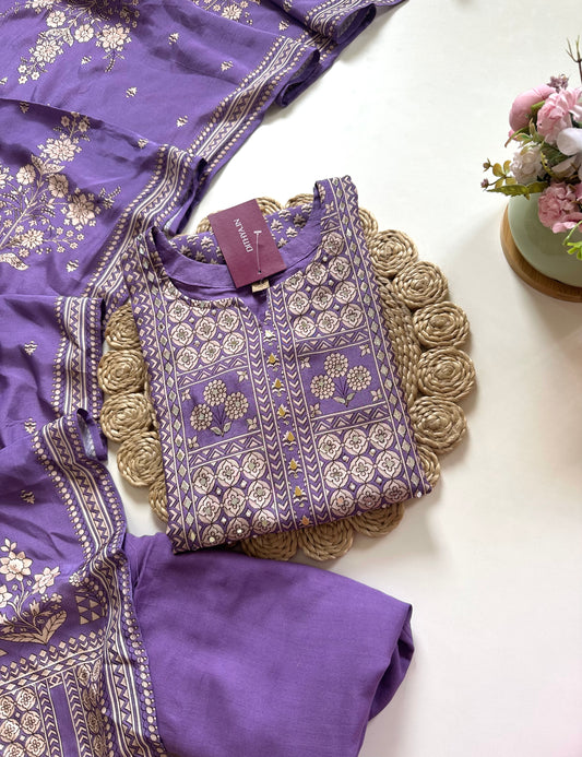 K102 - Muslin silk Printed Handwork straight kurti with pants and dupatta