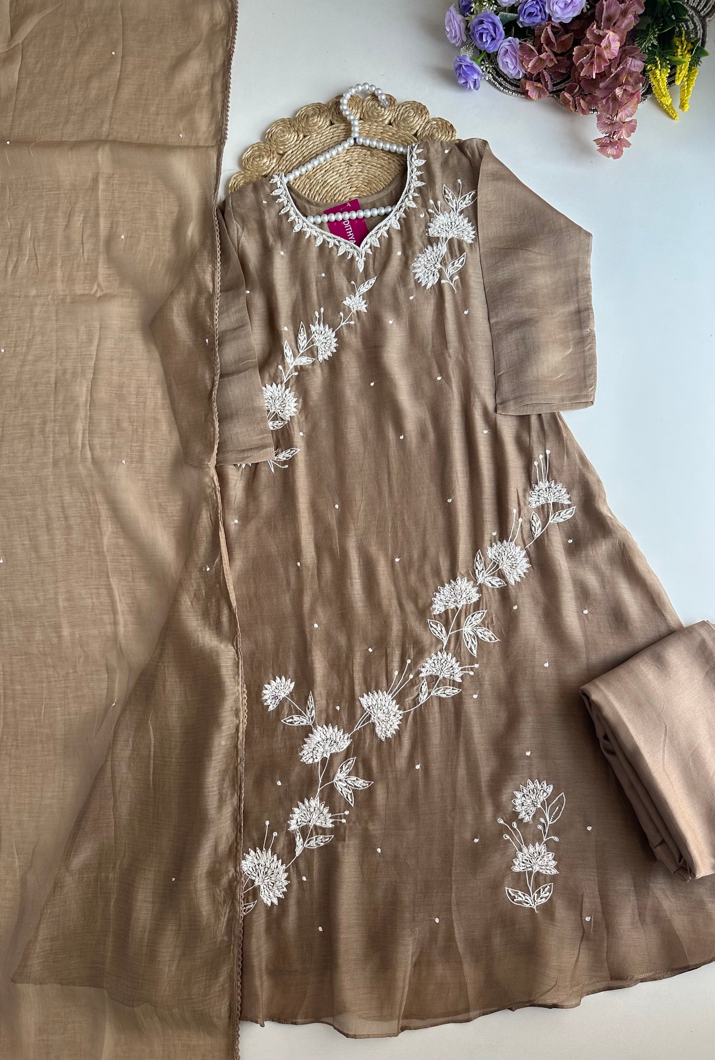 K079 - Mul Chanderi Handwork Aline Kurti with pants and dupatta
