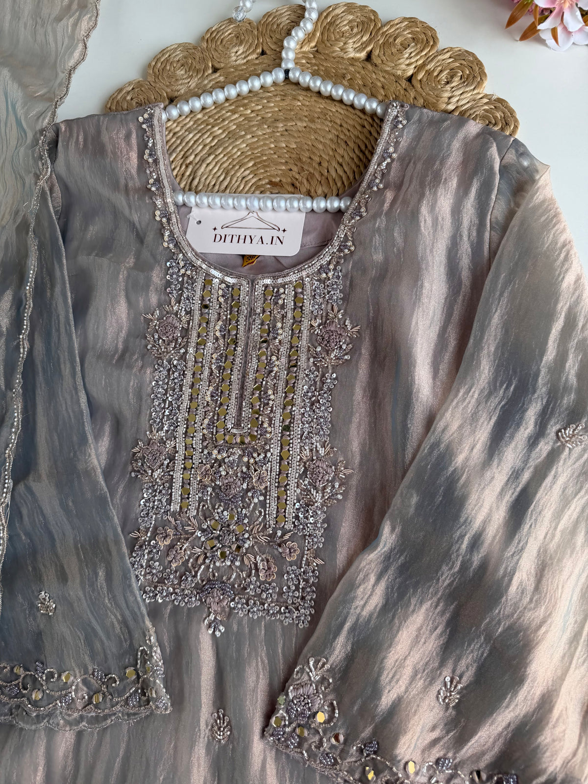 K437 - Glass tissue silk handwork aline Kurti with pants and dupatta