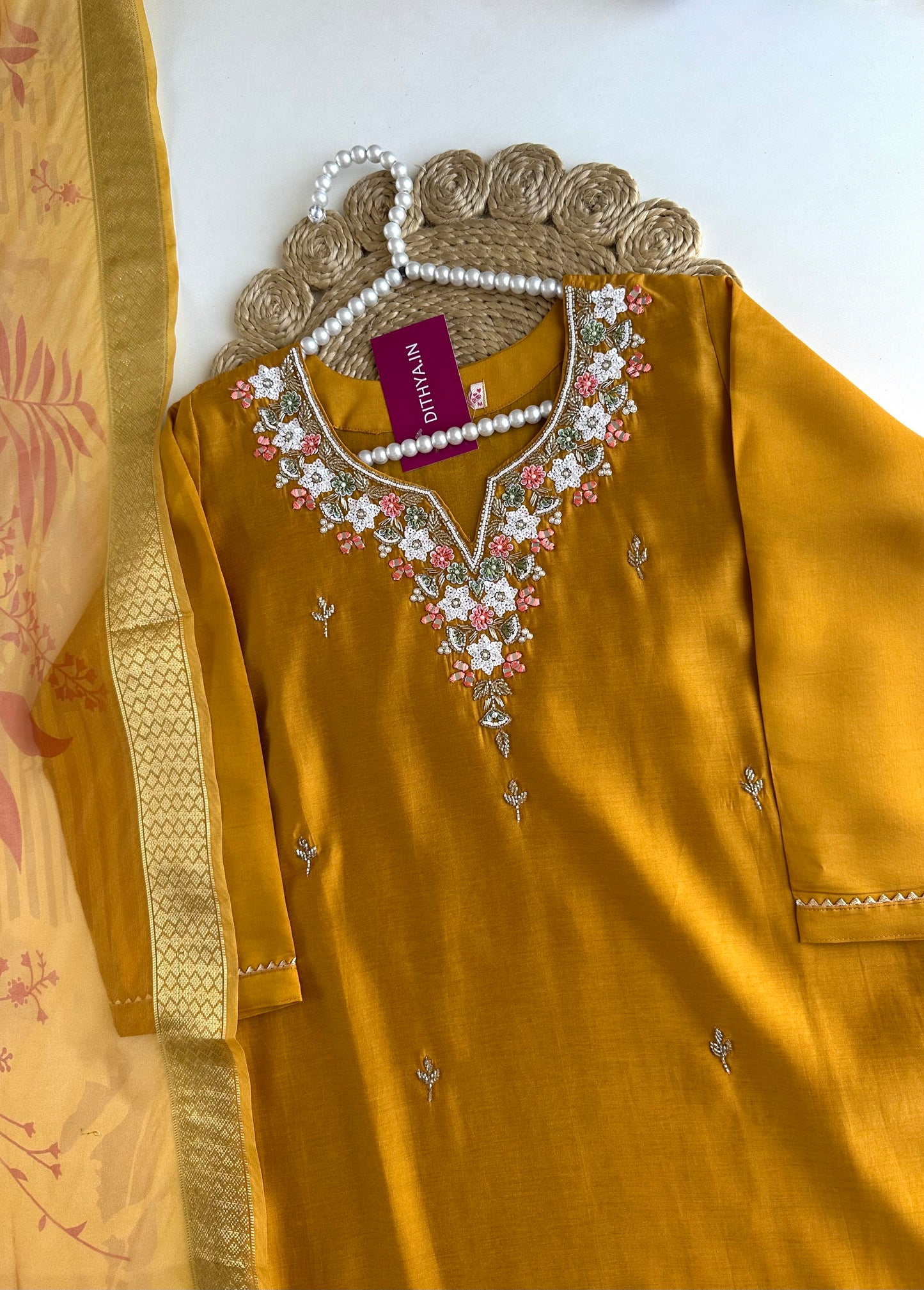 K361 - Roman silk handwork straight Kurti with pants and dupatta