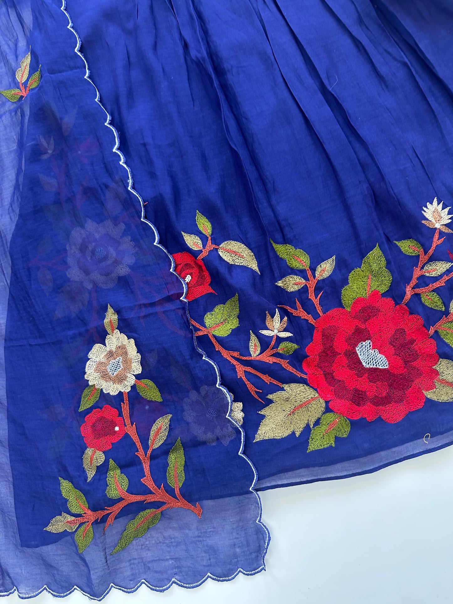 K308 - Mul Chanderi hand embroidered Aline Kurti with pants and dupatta in 2 colours .