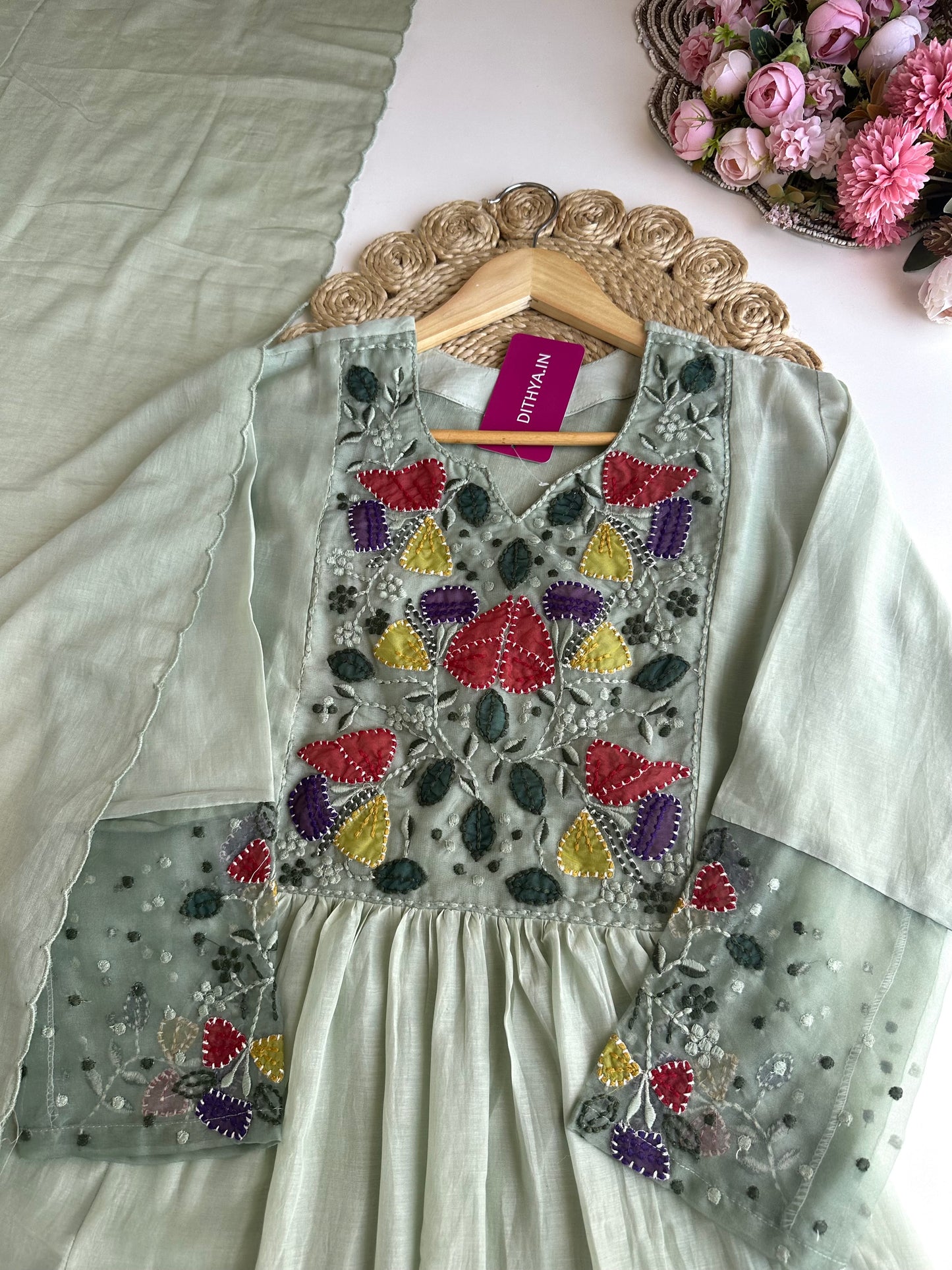 K050 - Mul Chanderi appliqué embroidered Aline Kurti with pants and dupatta in 2 colours