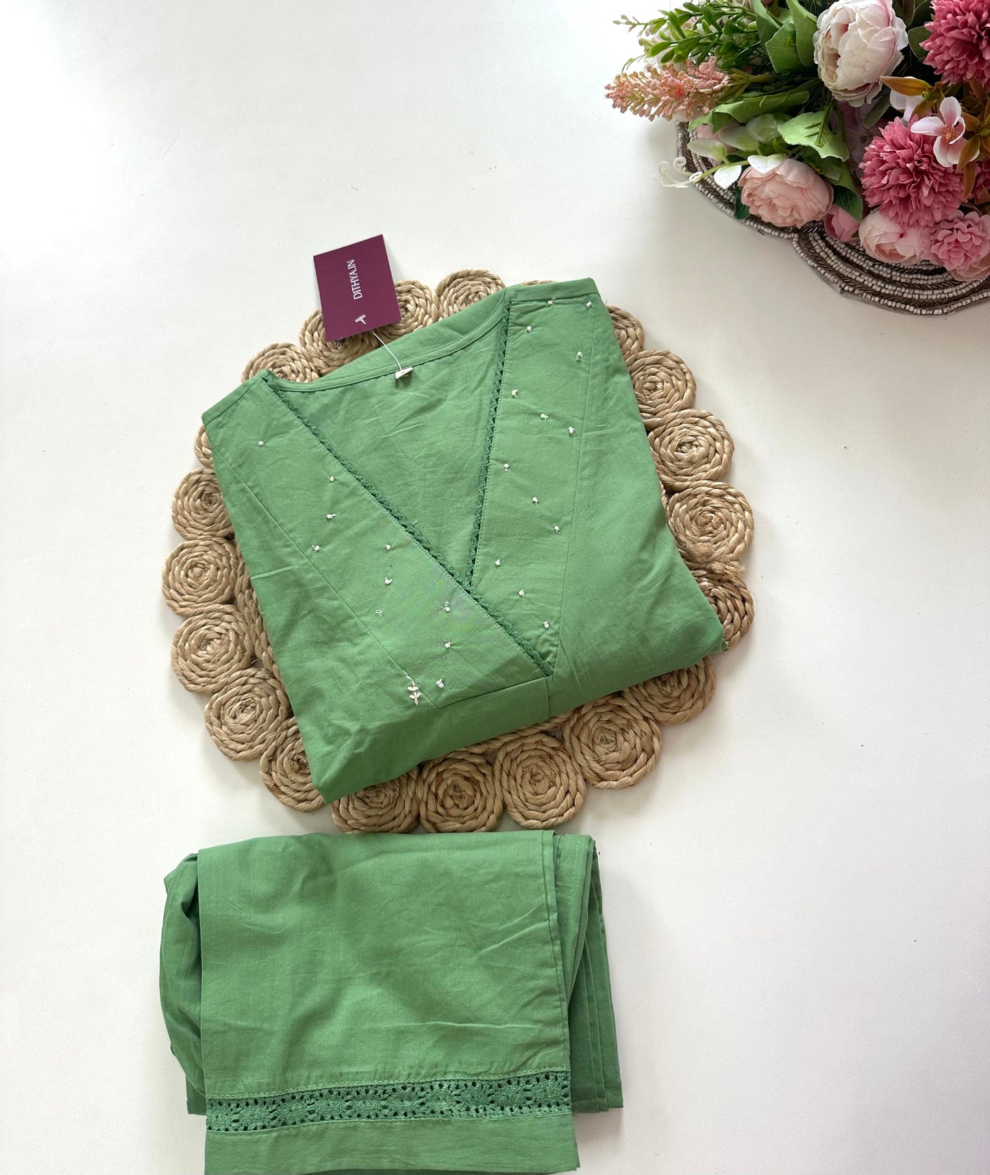 K104 - Cotton embroidered Aline Kurti with pants in 2 colours