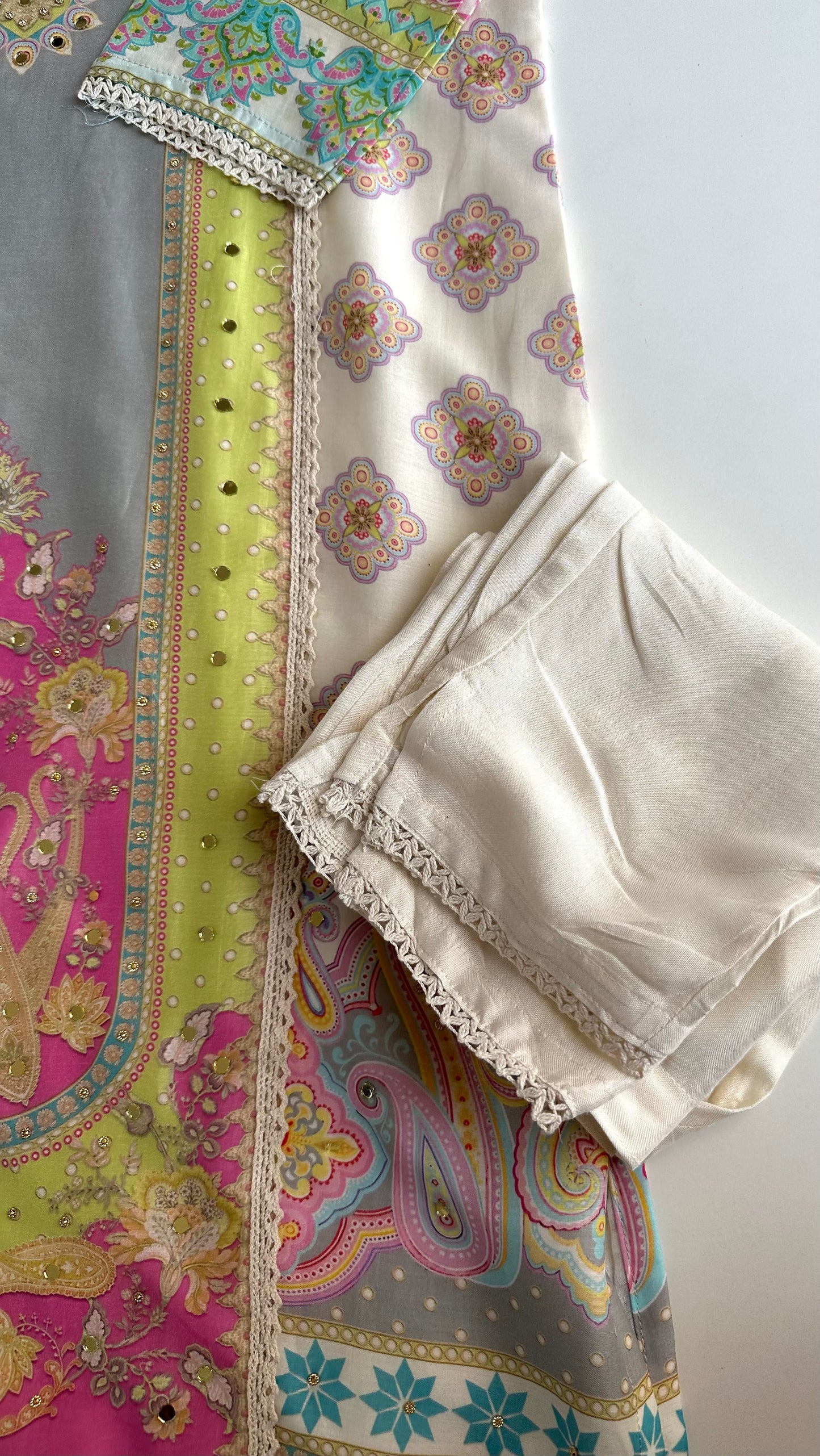 K210 - Pure muslin handwork straight Kurti with pants and dupatta
