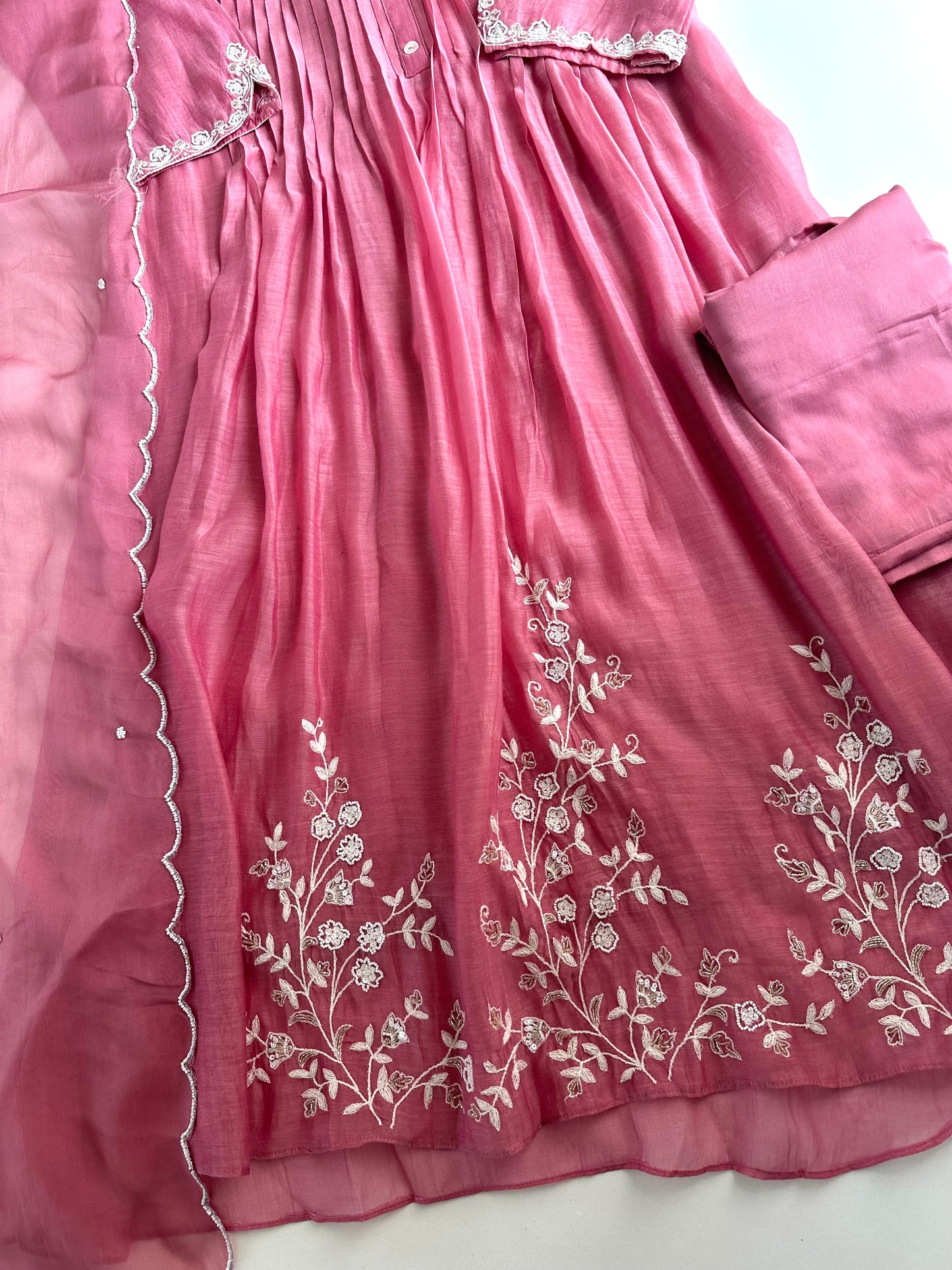 K018 - Mul Chanderi Handwork Aline Kurti with pants and dupatta