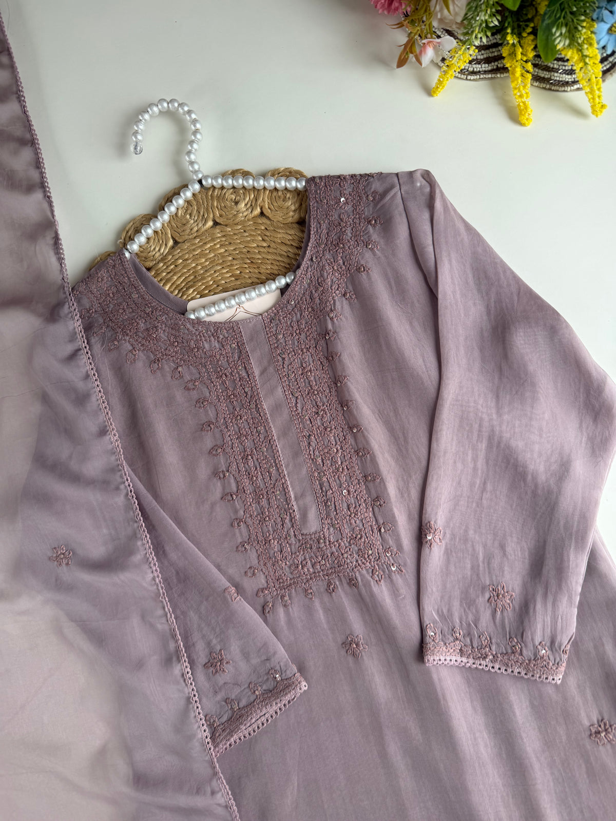 K510 - Viscose organza chikankari straight Kurti with pants and dupatta