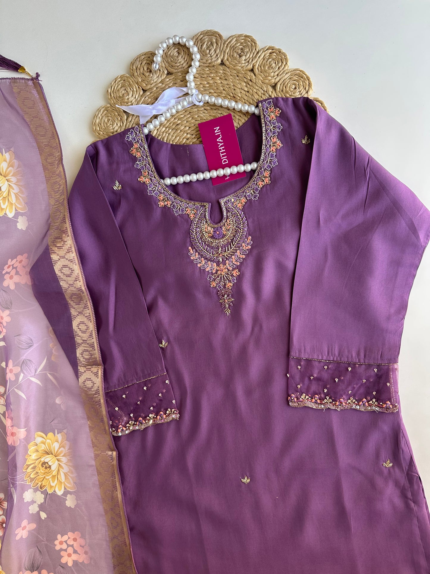 K154 - Roman silk handwork straight Kurti with pants and dupatta