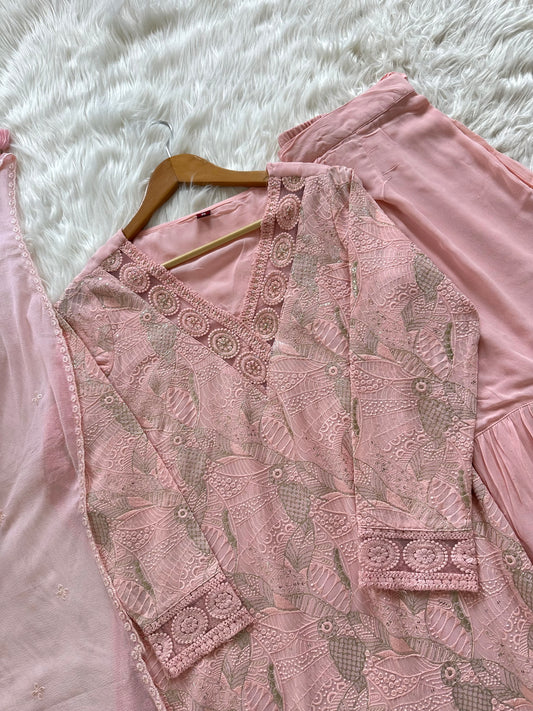 K146 - Chikankari Kurti with sharara and chiffon dupatta