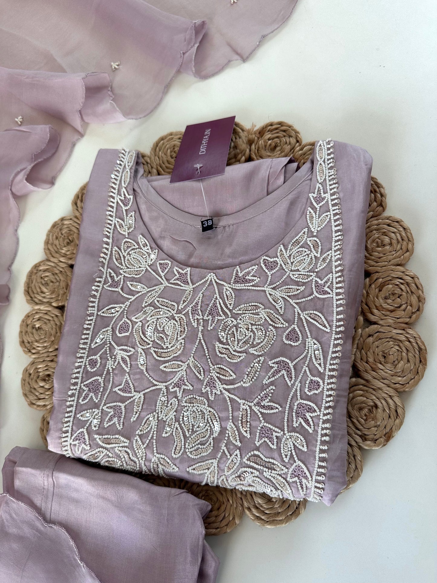 K183 - Abuthai silk pearl work straight kurti with pants and dupatta.