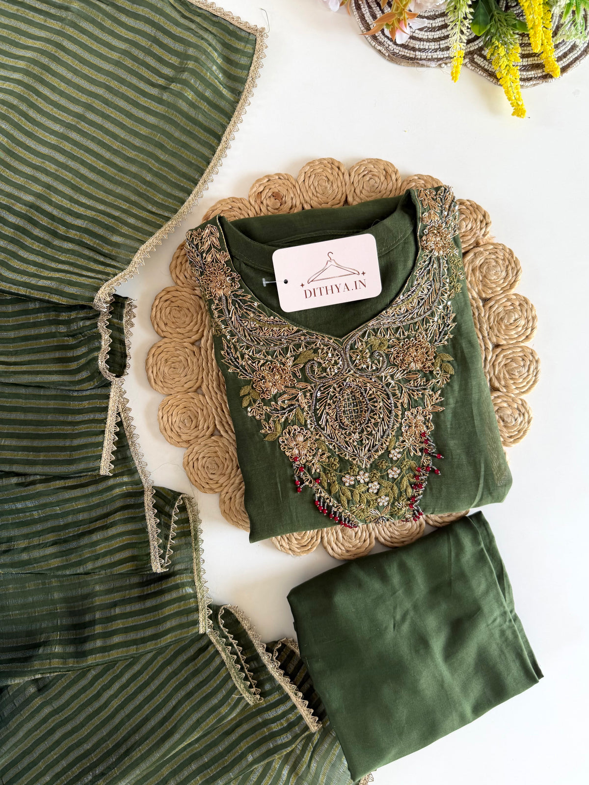 K374 - Mul chanderi handwork aline Kurti with pants and dupatta