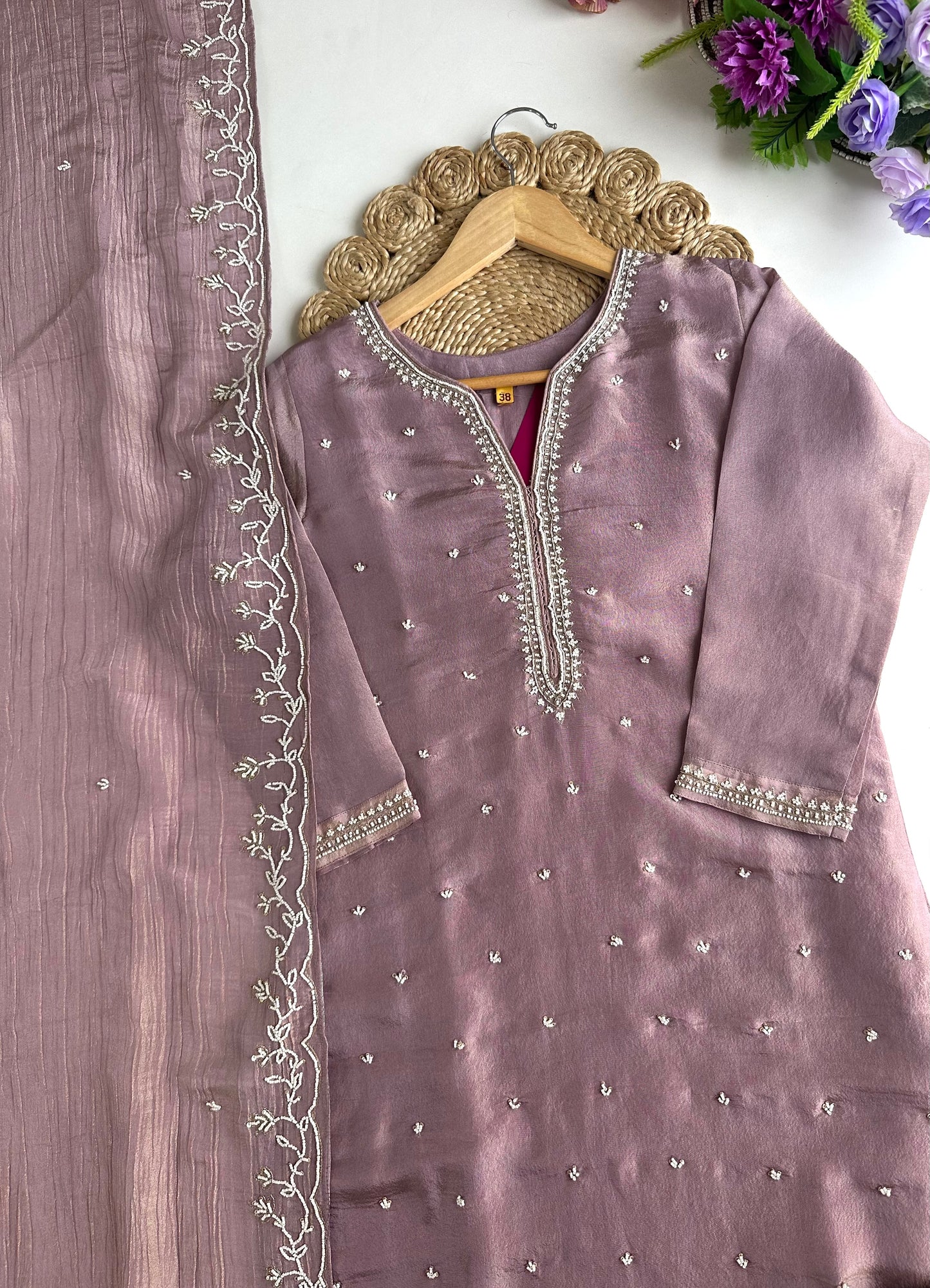 K020 - Tissue silk pearl work straight Kurti with pants and dupatta