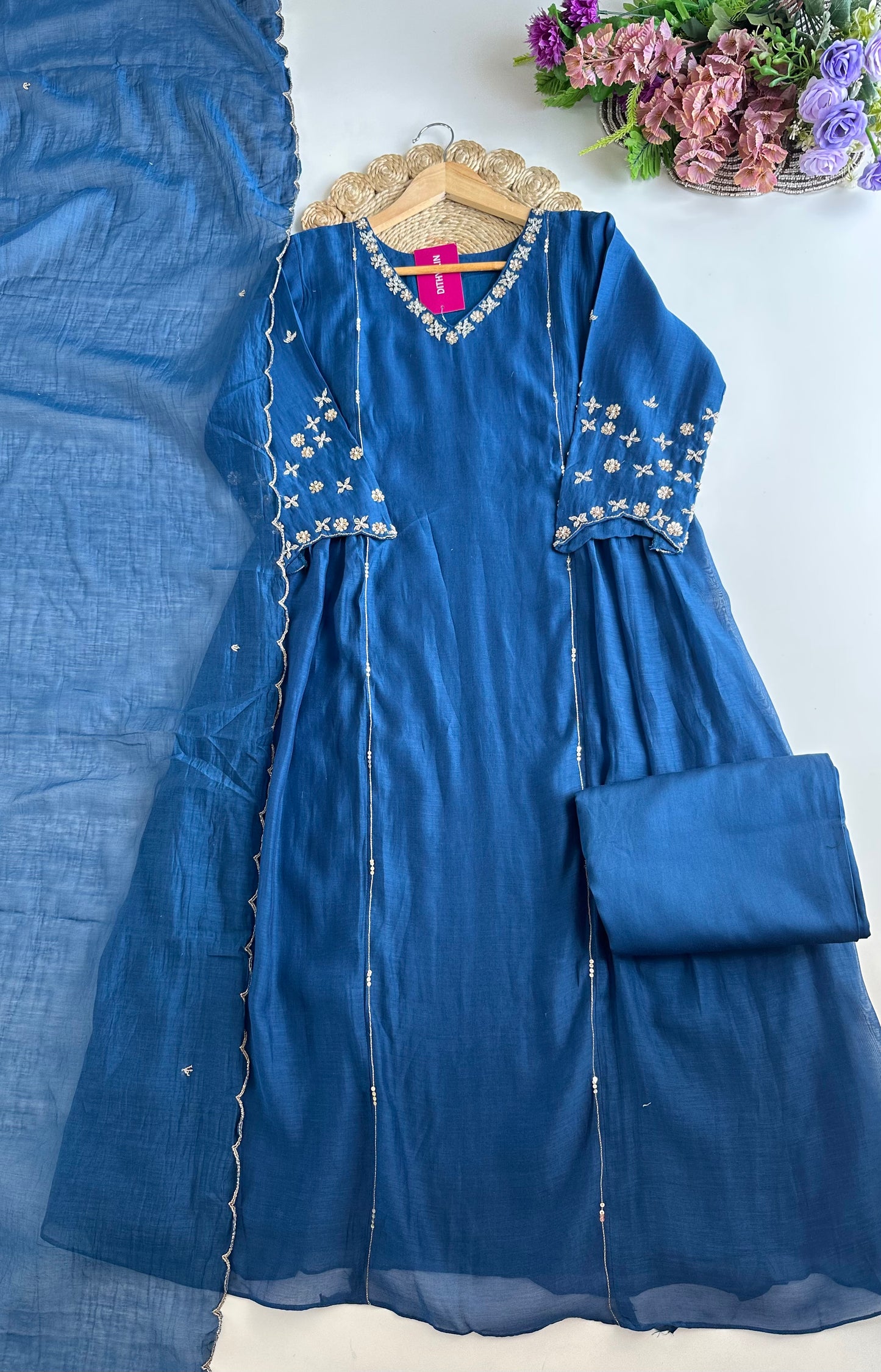 K309 - Mul Chanderi handwork Anarkali with pants and dupatta