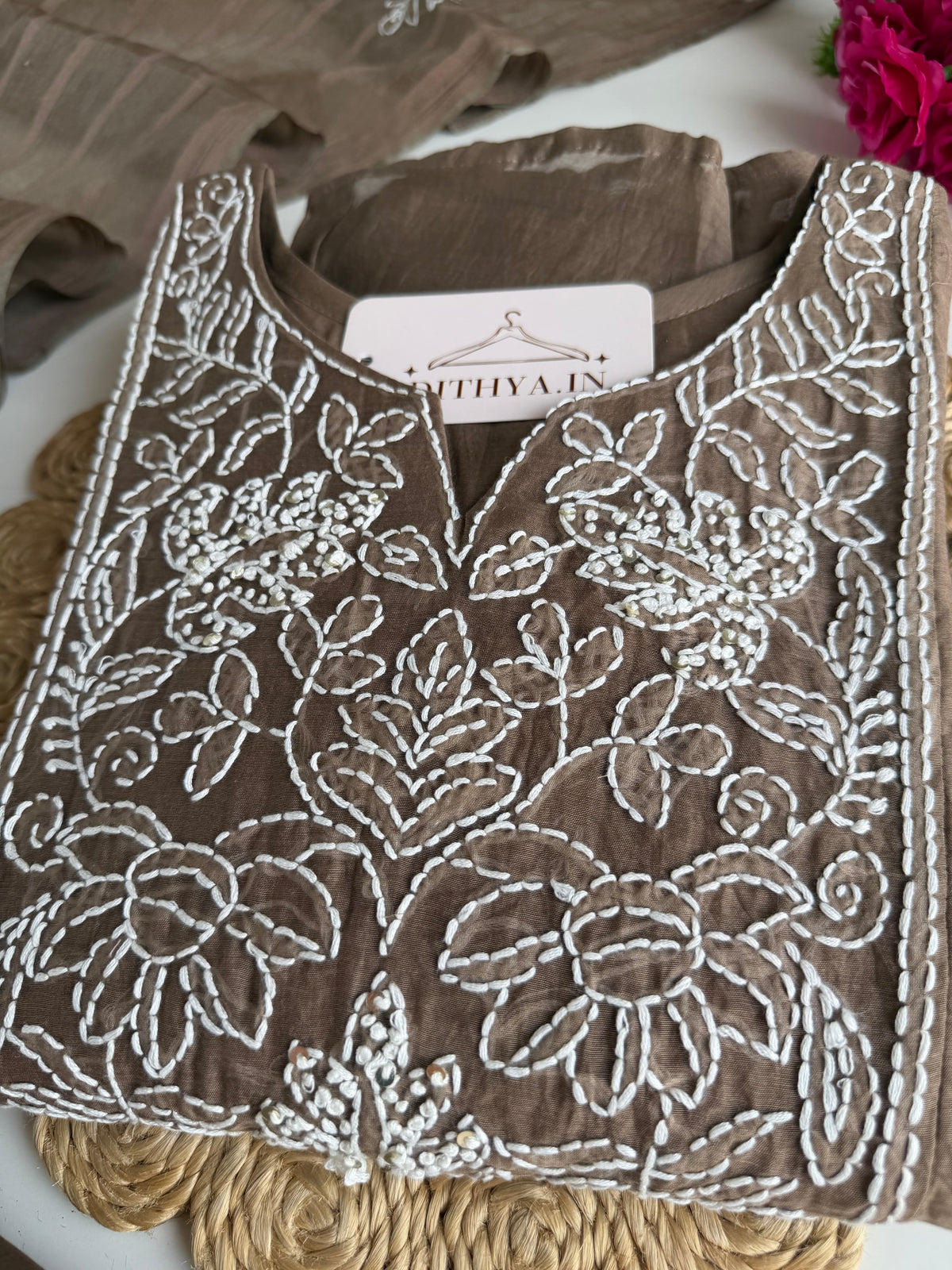 K729 - Mul chanderi embroidered Aline Kurti with pants and dupatta