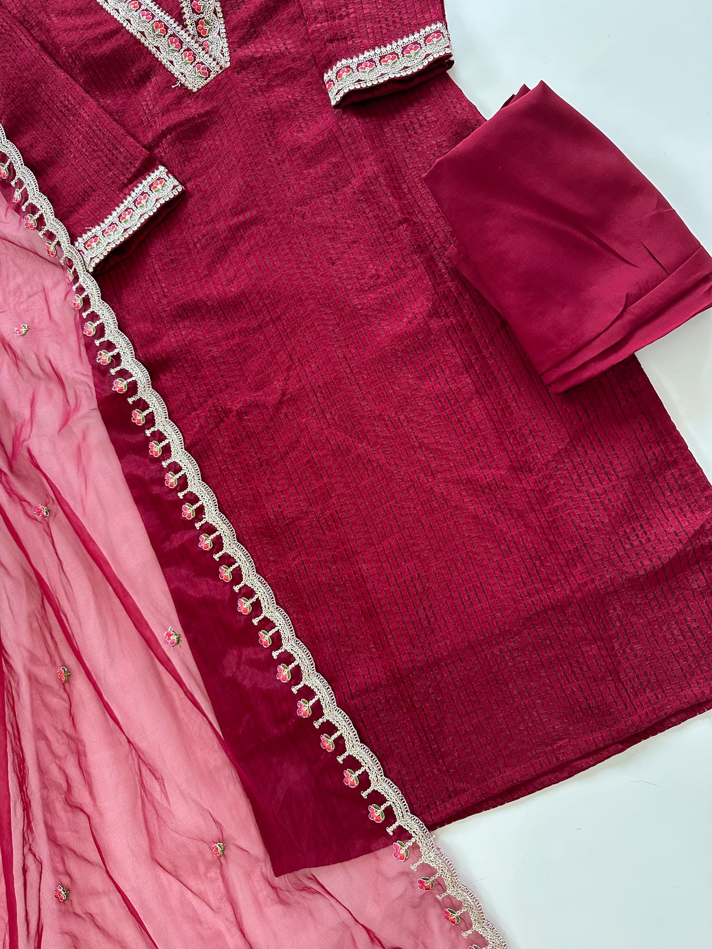 K107 - Jacquard silk Collar neck straight kurti with pants and dupatta in 2 colours