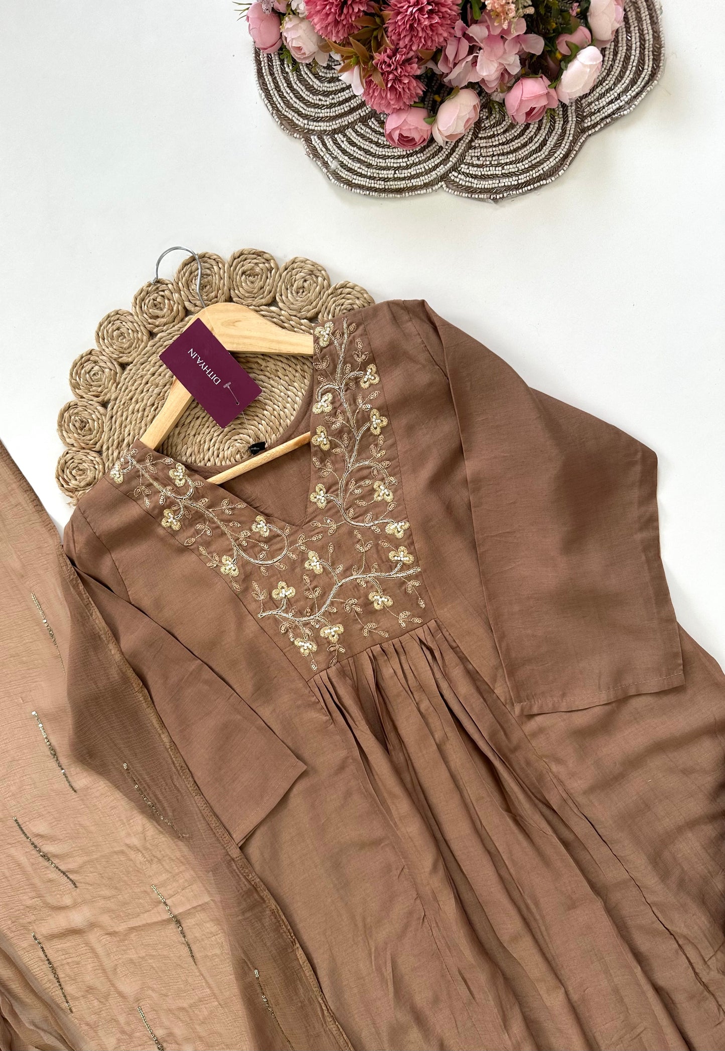K056 - Mul Rayon handwork Anarkali with pants and dupatta in 2 colours