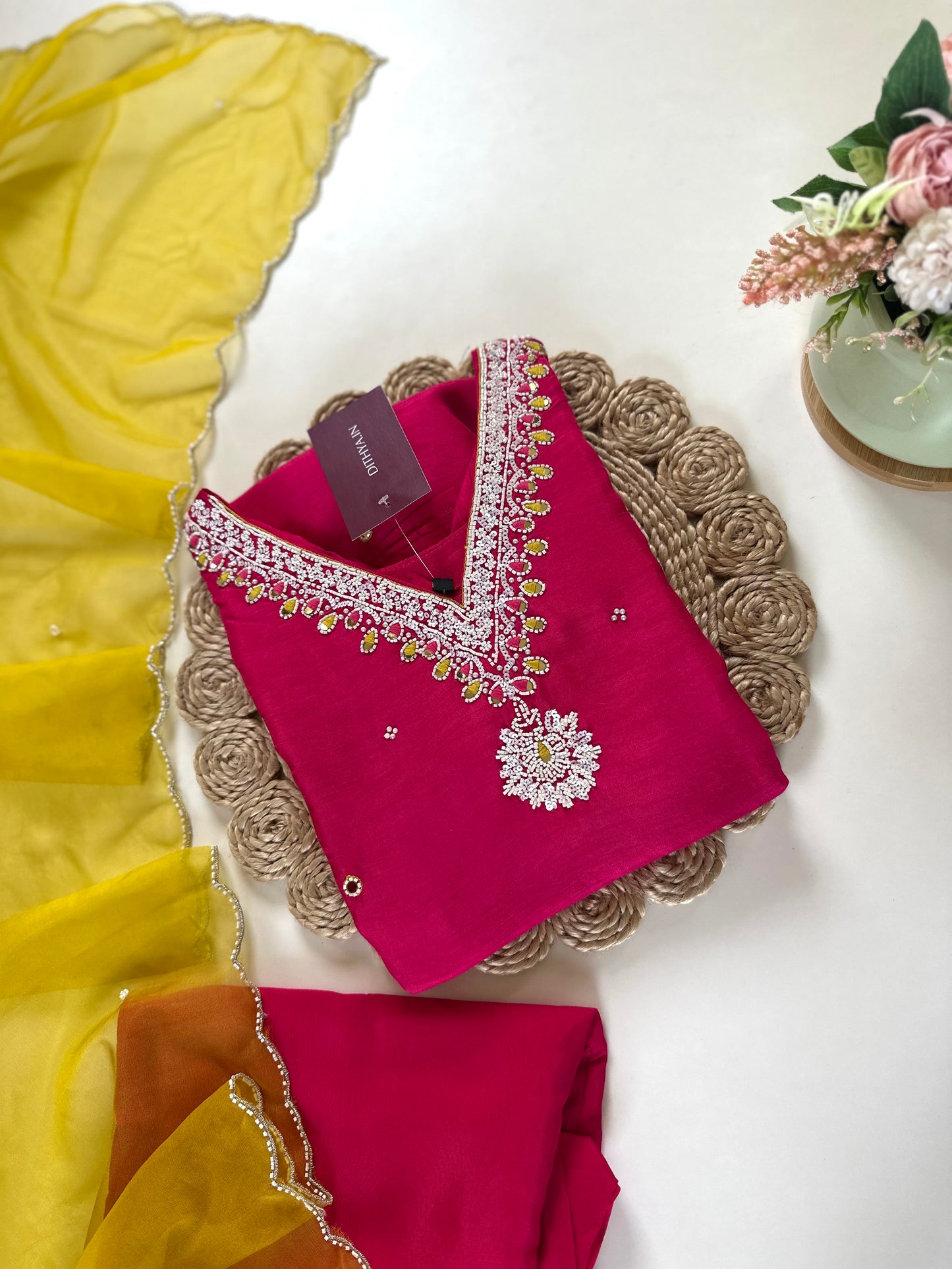 K156 - Russian silk handwork Aline Kurti with pants and dupatta