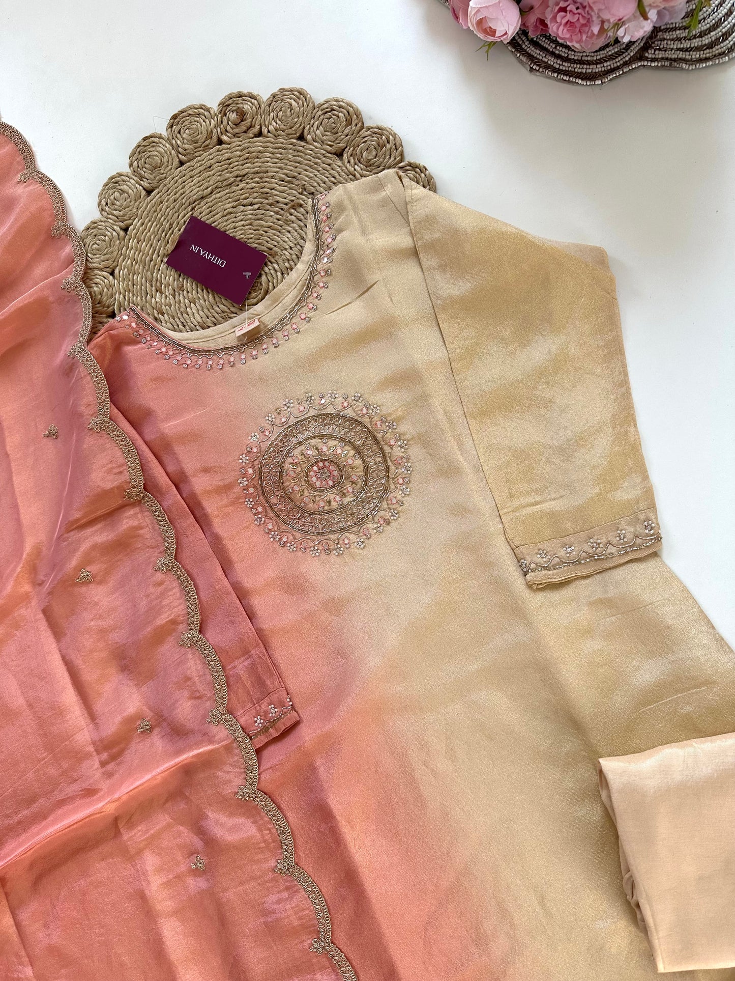 K132 - Tissue silk handwork straight kurti with pants and dupatta