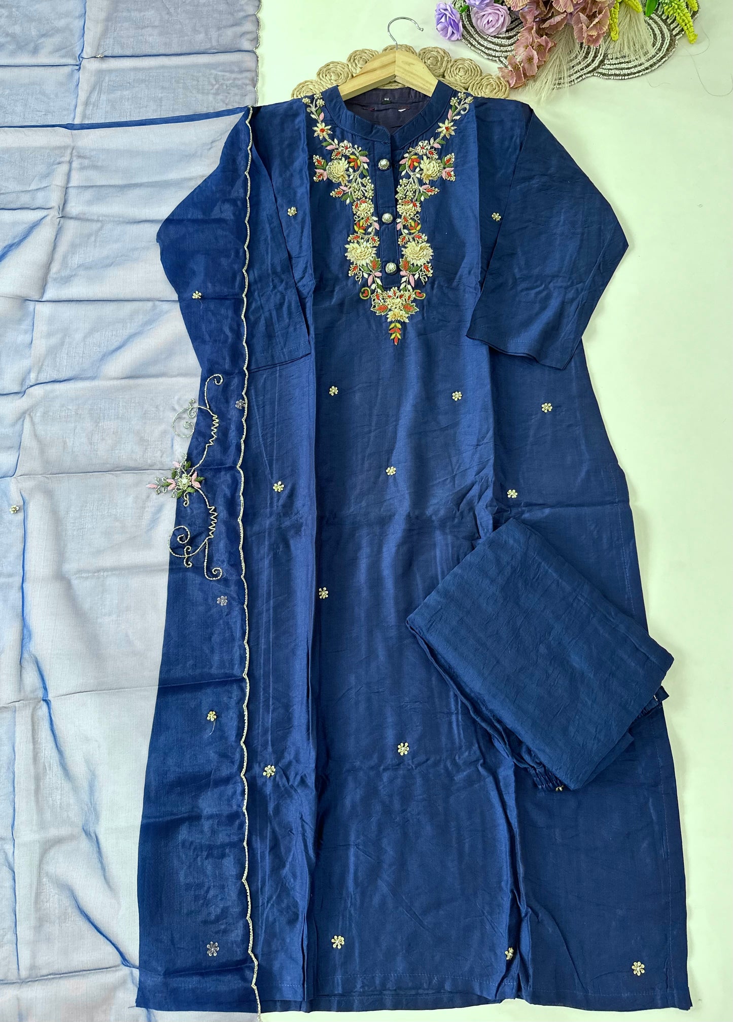 D411-Dola silk straight kurti with pants and dupatta