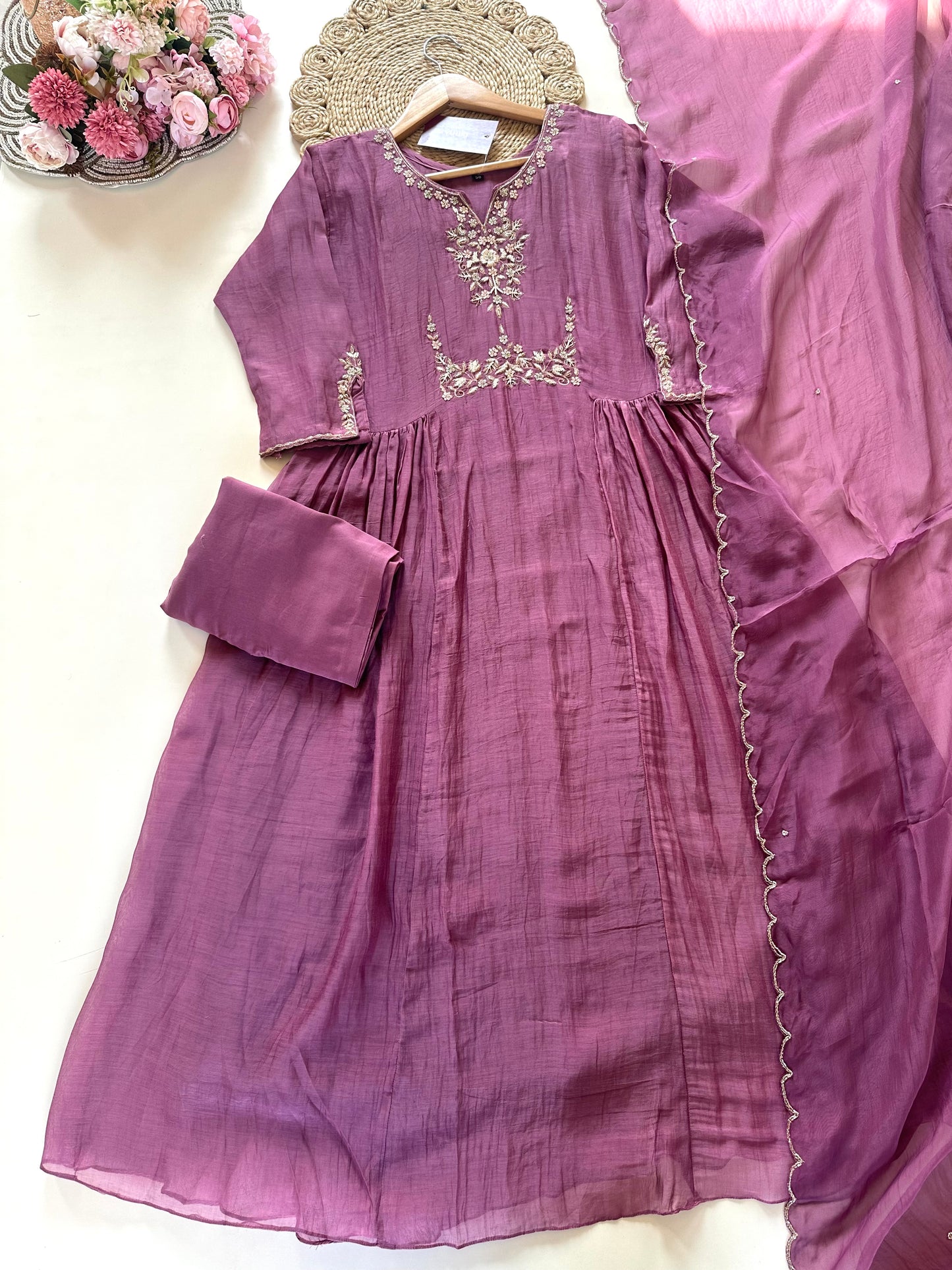 K247 - Mul Chanderi Zardosi Aline Kurti with pants and dupatta .