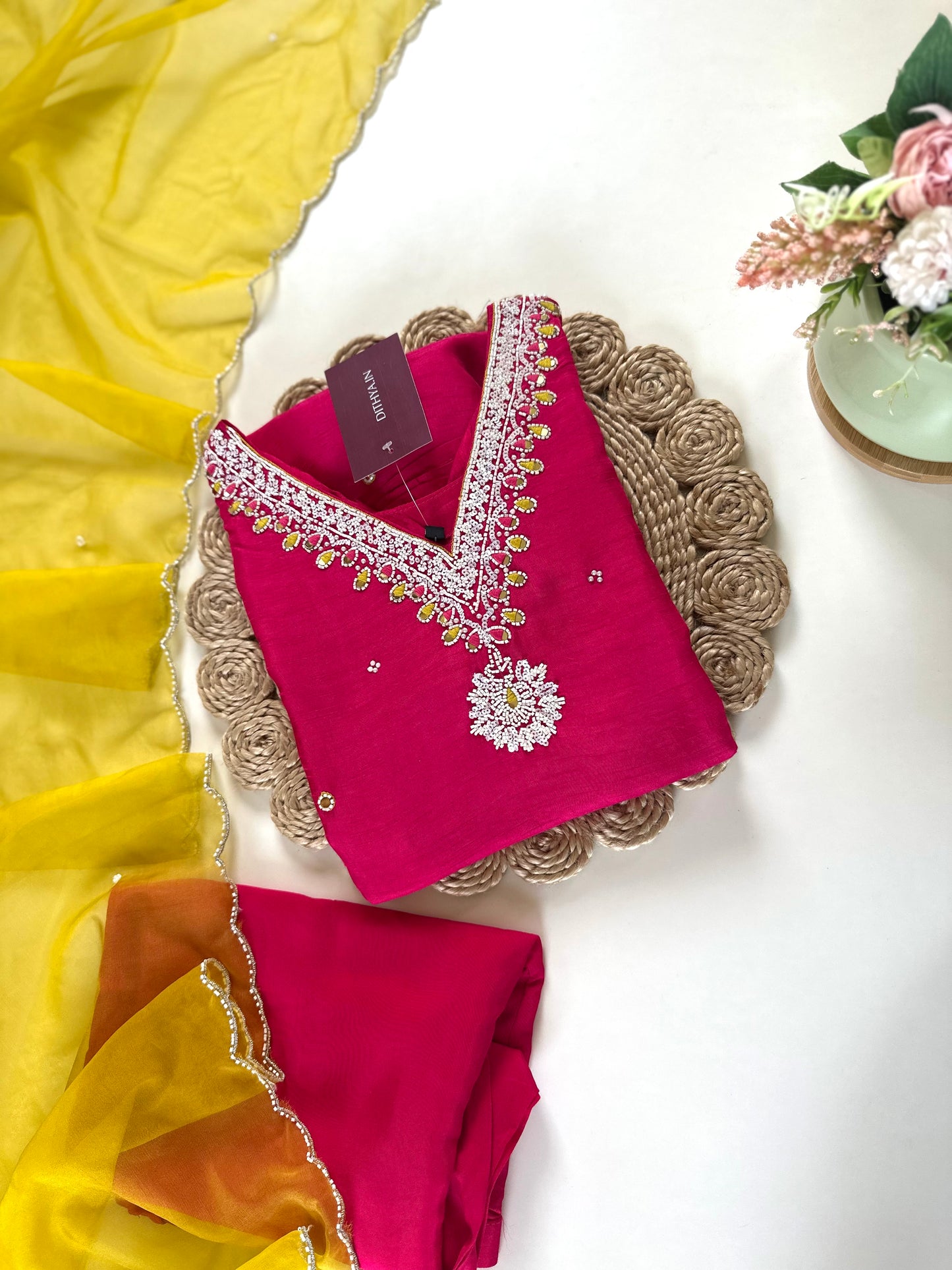 K156 - Russian silk handwork Aline Kurti with pants and dupatta