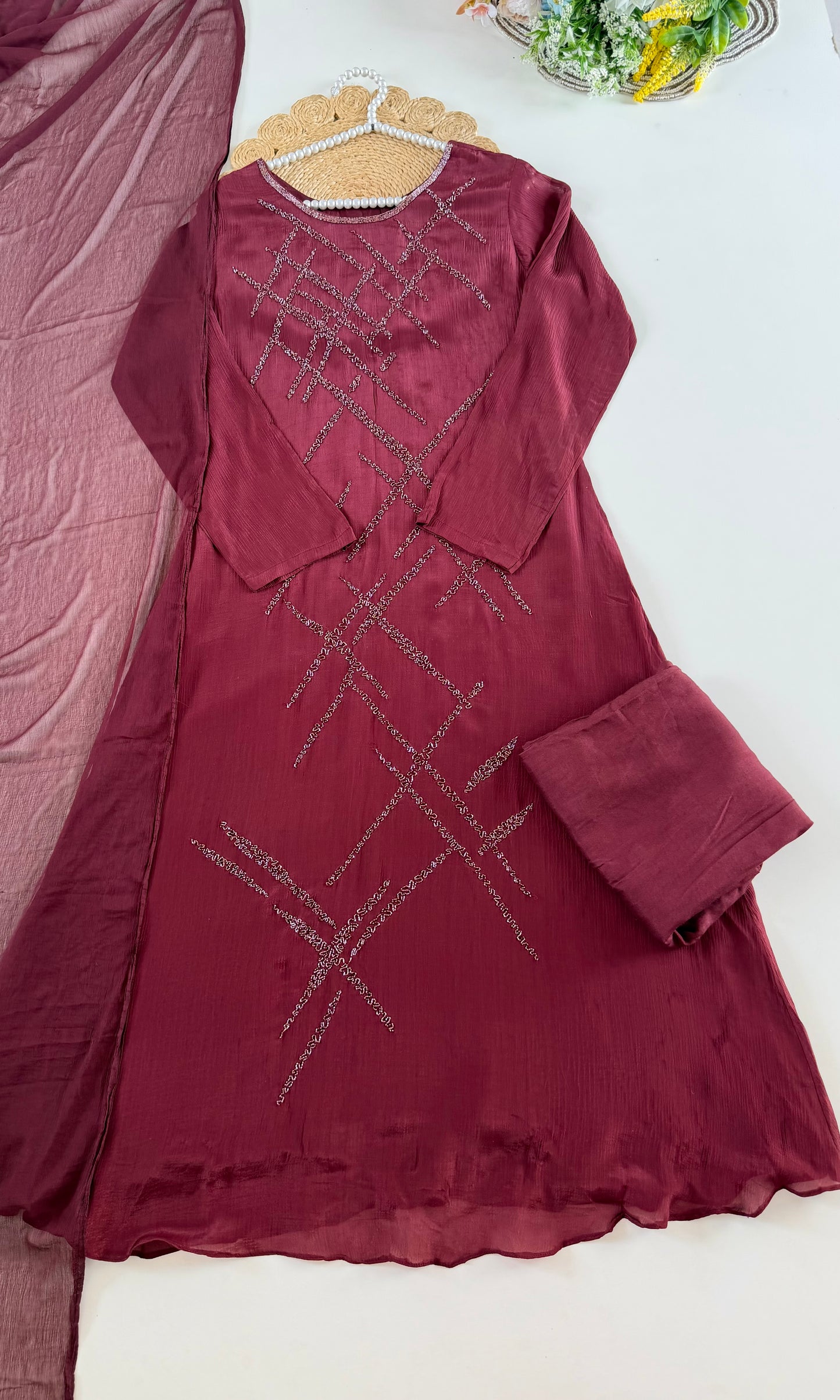 K488 - Chinnon handwork aline Kurti with pants and dupatta