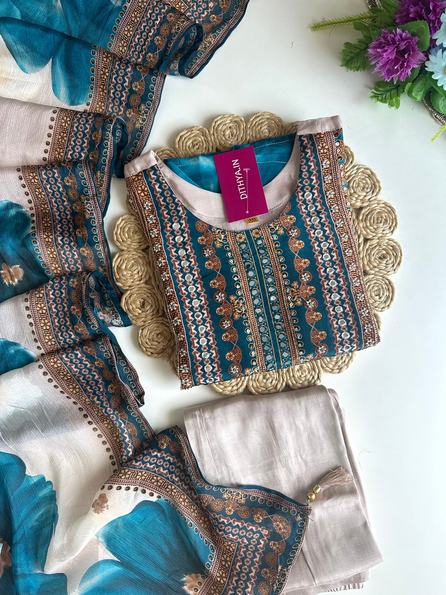 K037 - Pure crape floral handwork straight Kurti with pants and dupatta