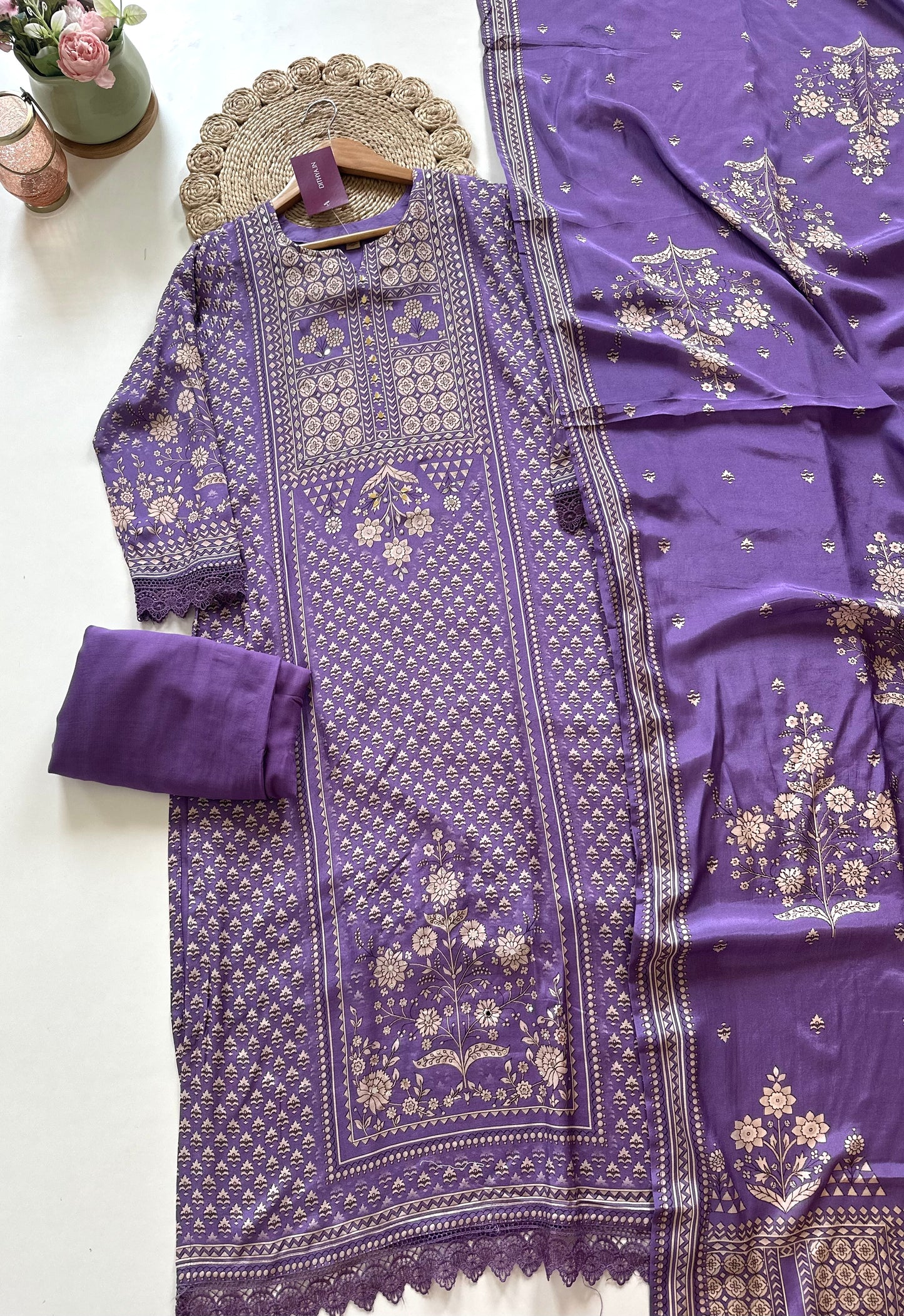K102 - Muslin silk Printed Handwork straight kurti with pants and dupatta .