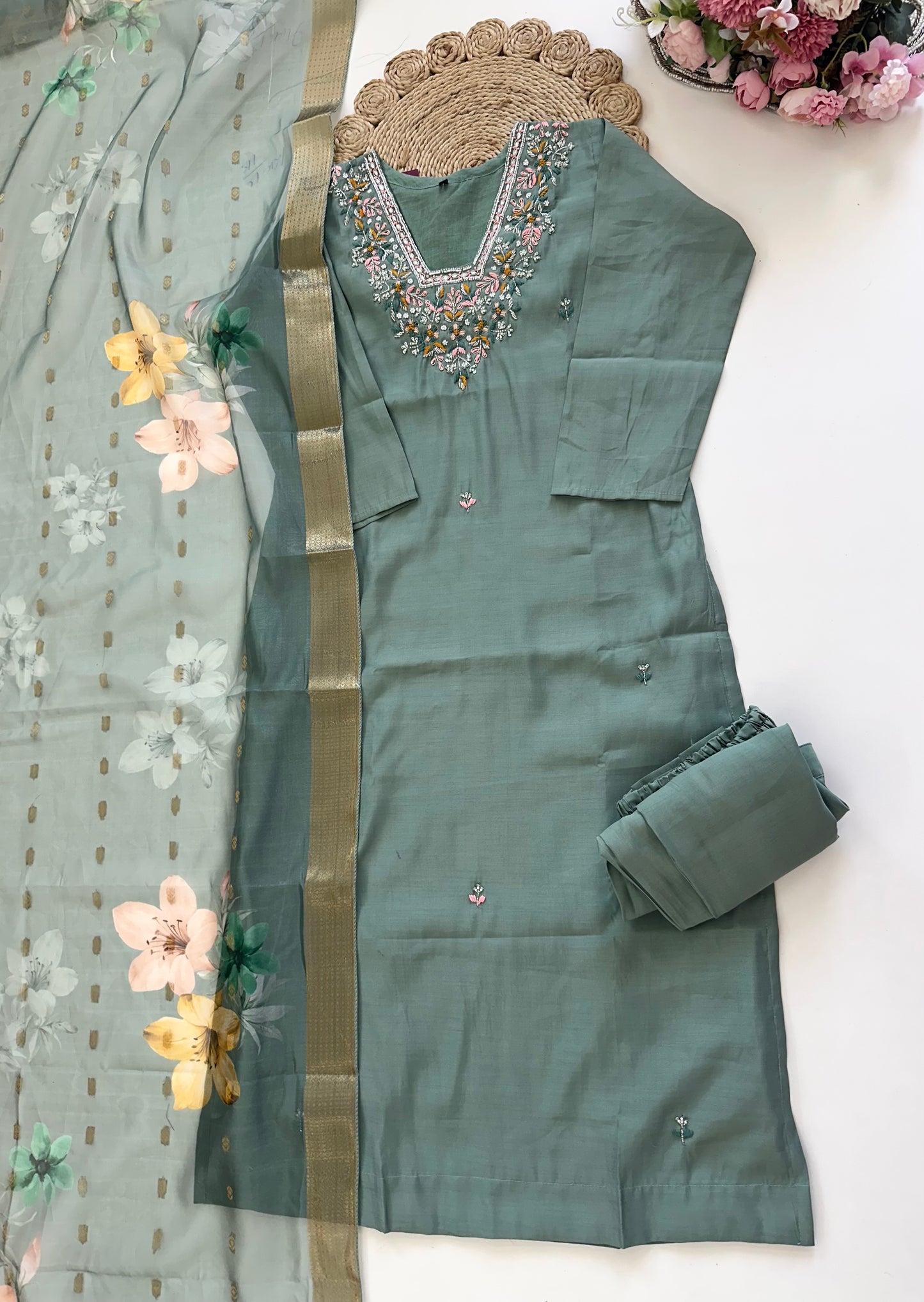K217 - Modal silk Handwork straight kurti with pants and dupatta in 2 colours .