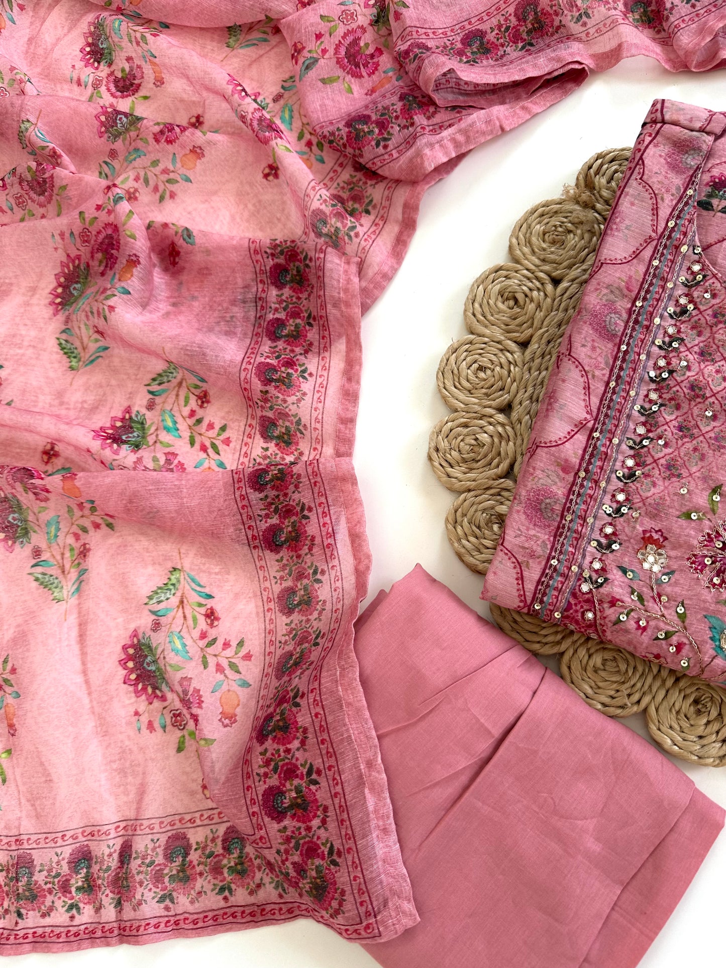 K027 - Soft chanderi handwork straight Kurti with  pants and dupatta in 2 colours