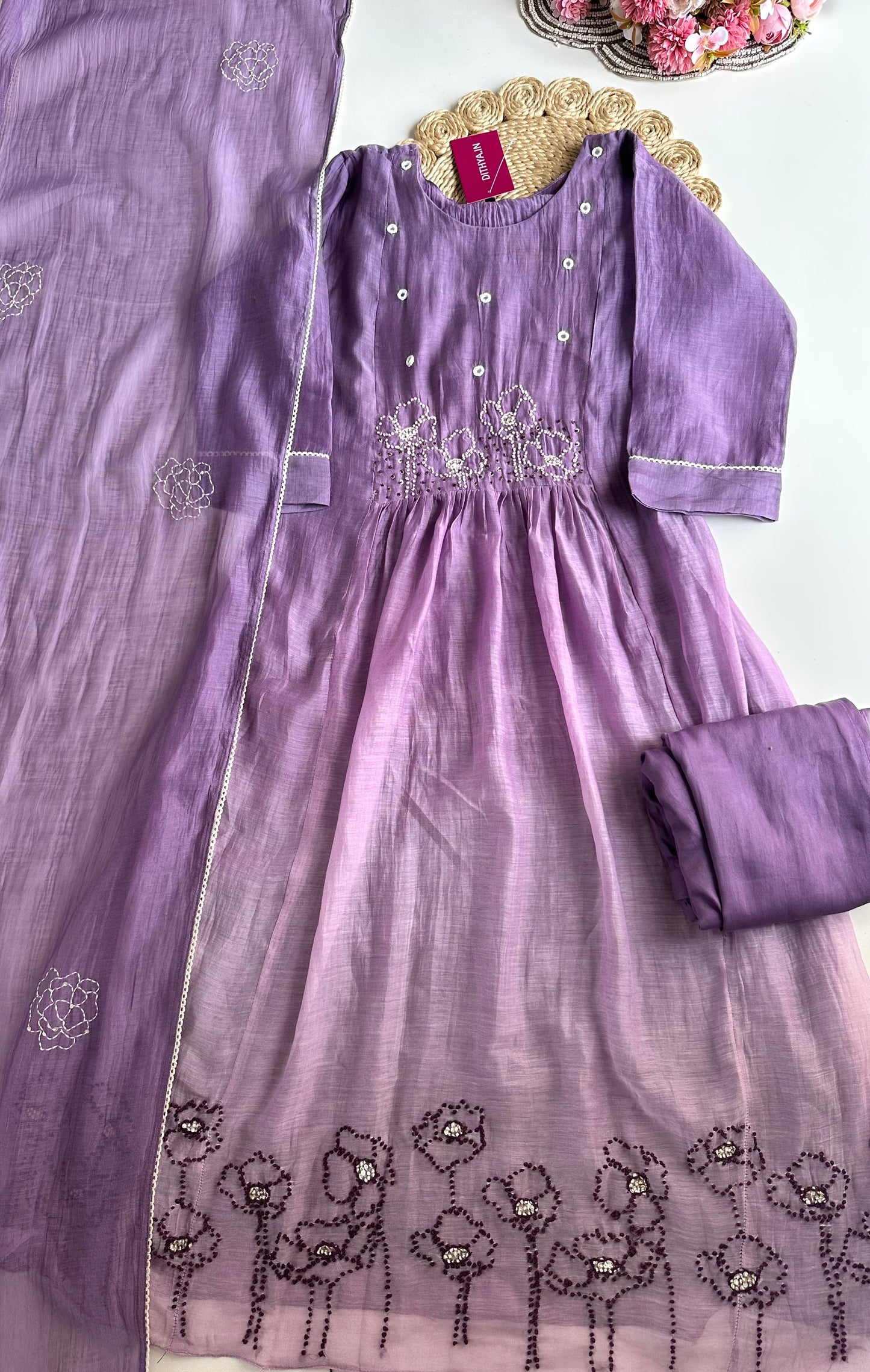 K226 - Mul Chanderi embroidered Aline Kurti with pants and dupatta