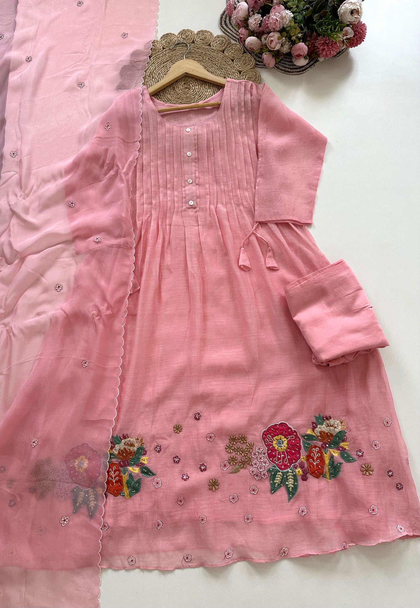 K215 - Mul Chanderi handwork Anarkali with pants and dupatta in 2 colours