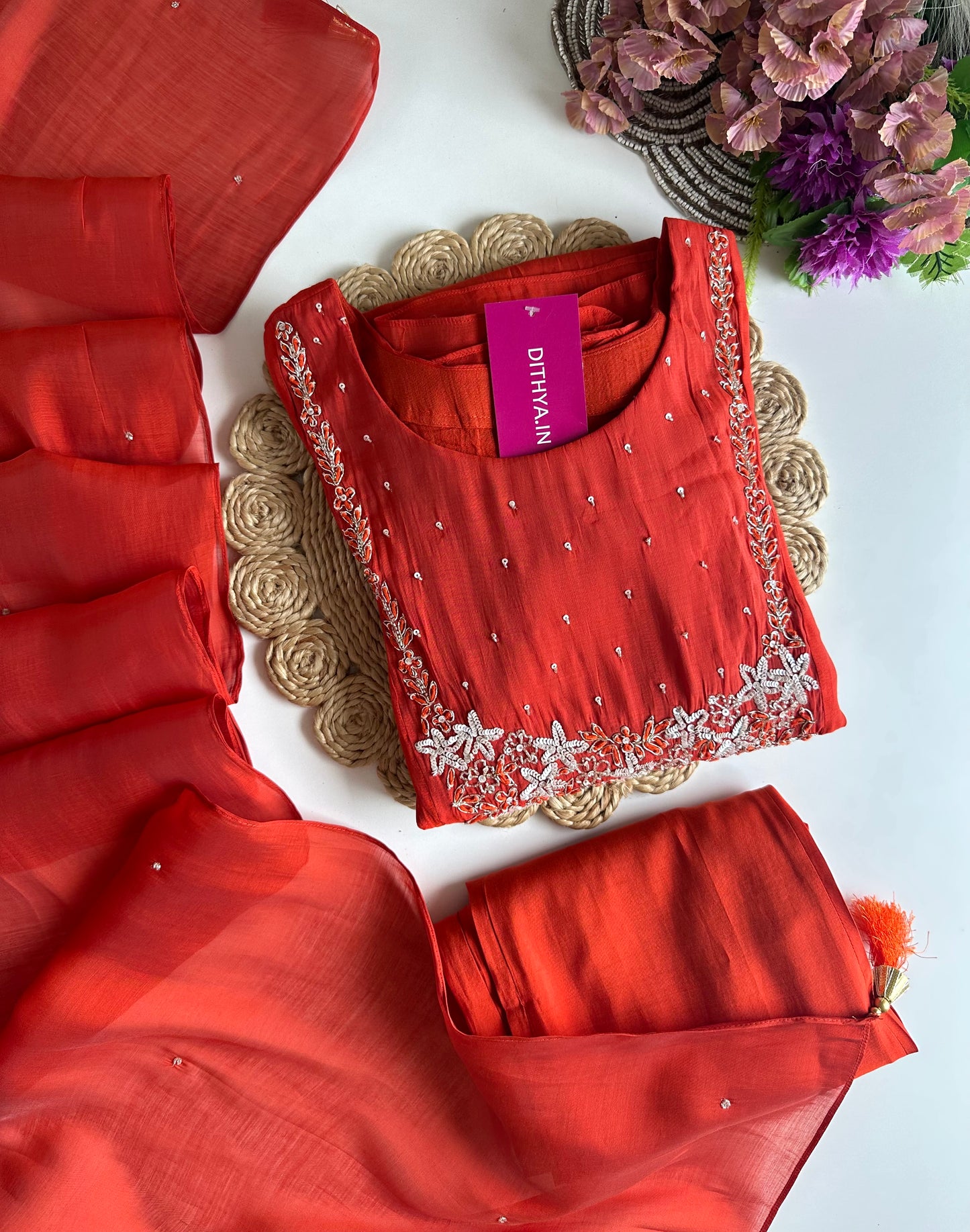 K007 - Mul Chanderi handwork Aline Kurti with pants and dupatta in 2 colours