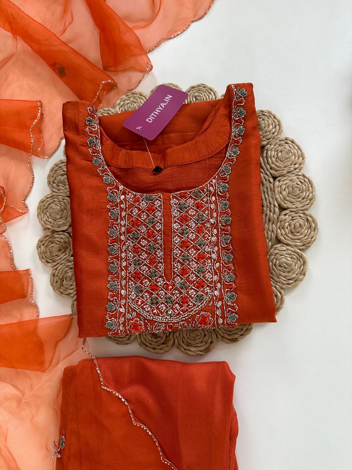 K231-Dola silk handwork straight Kurti with pants and dupatta in 2 colours