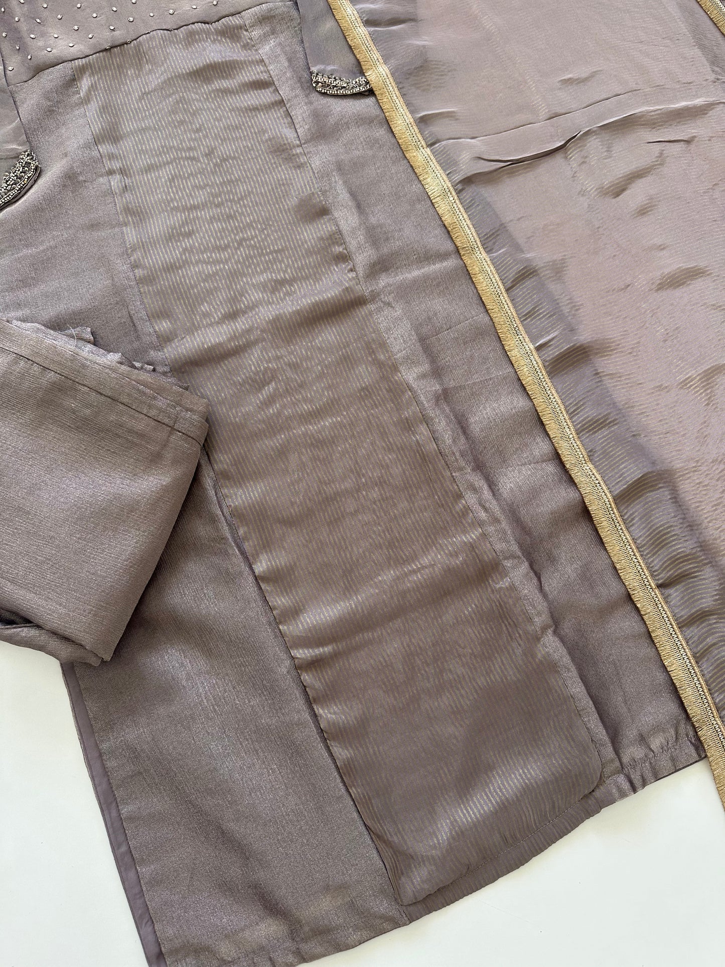 K128 - Tissue silk handwork Straight kurti with pants and dupatta .
