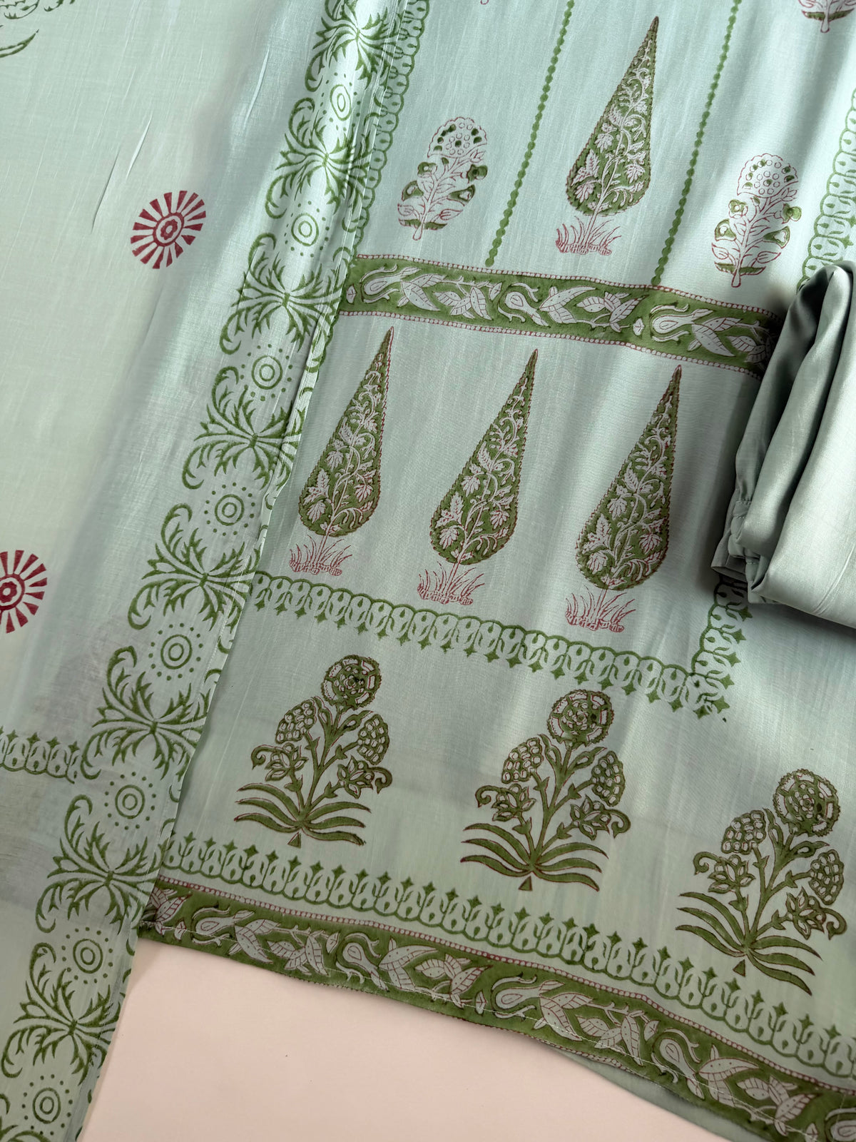 K013 - Surat Mul chanderi handblock straight Kurti with pants and dupatta